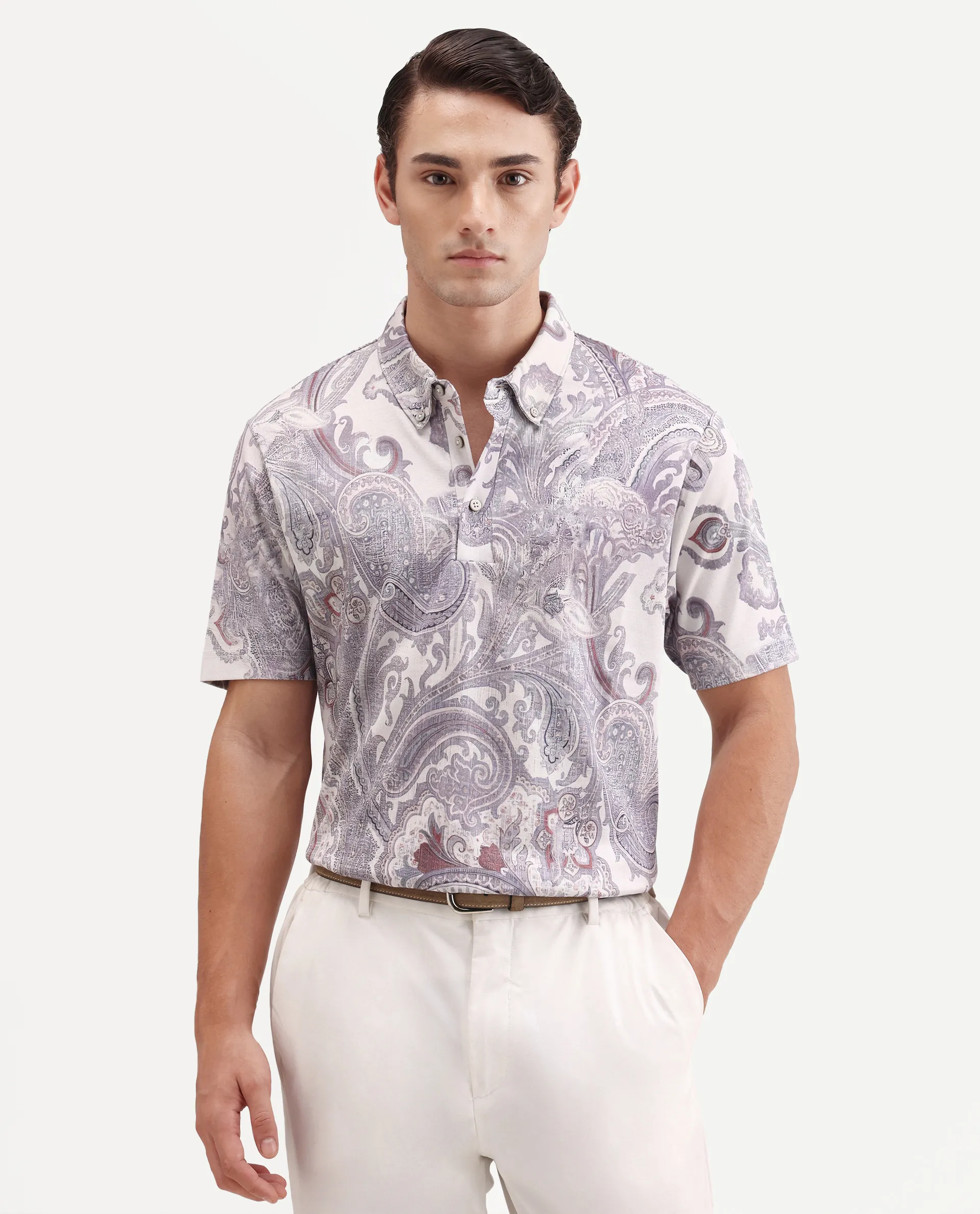 Rare Rabbit Men's Plais White Cotton Fabric Half Sleeve Spread Collar Regular Fit Paisley Polo - Image 5
