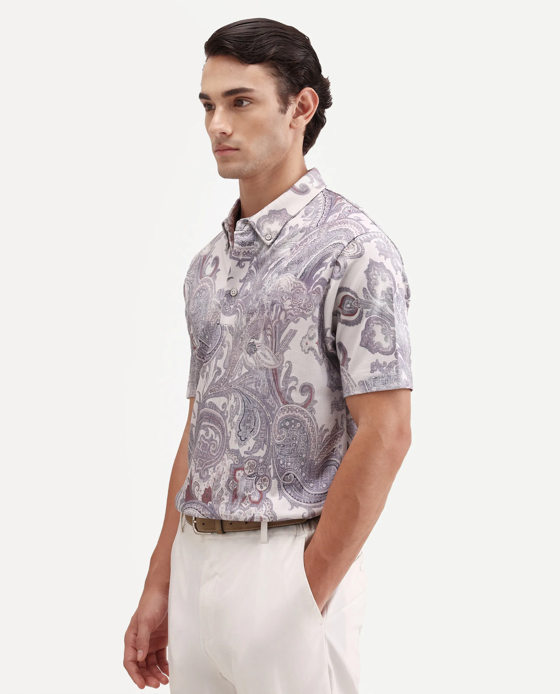 Rare Rabbit Men's Plais White Cotton Fabric Half Sleeve Spread Collar Regular Fit Paisley Polo - Image 6