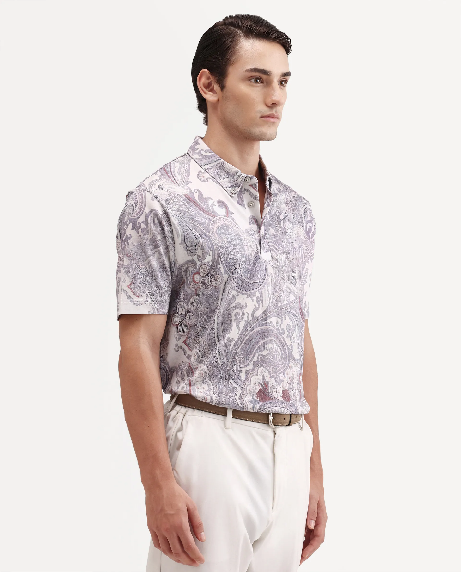 Rare Rabbit Men's Plais White Cotton Fabric Half Sleeve Spread Collar Regular Fit Paisley Polo - Image 7