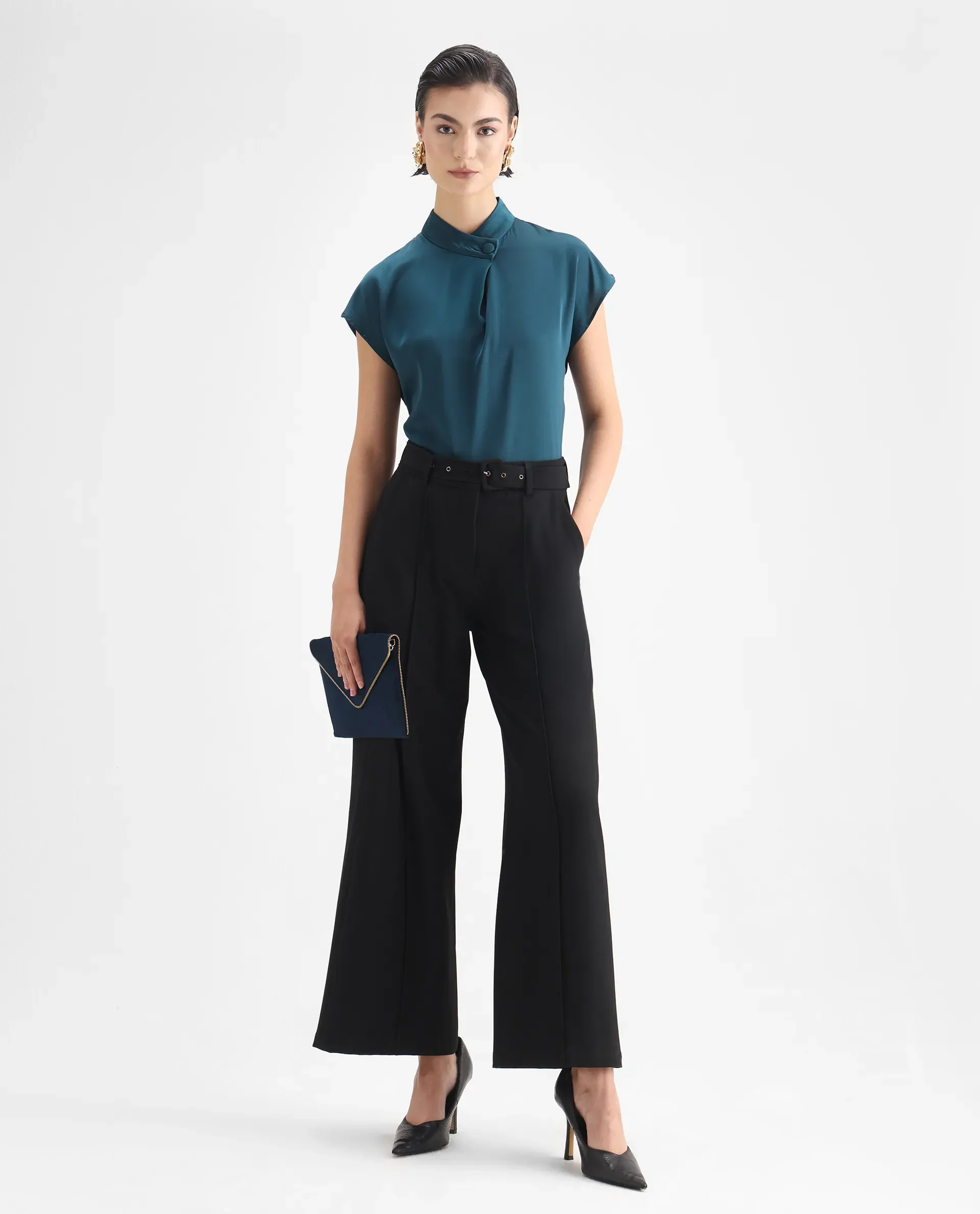 Rareism Women's Plama Petrol Satin Mandarin Collar Plain Extended Sleeves Regular Fit Top - Image 2