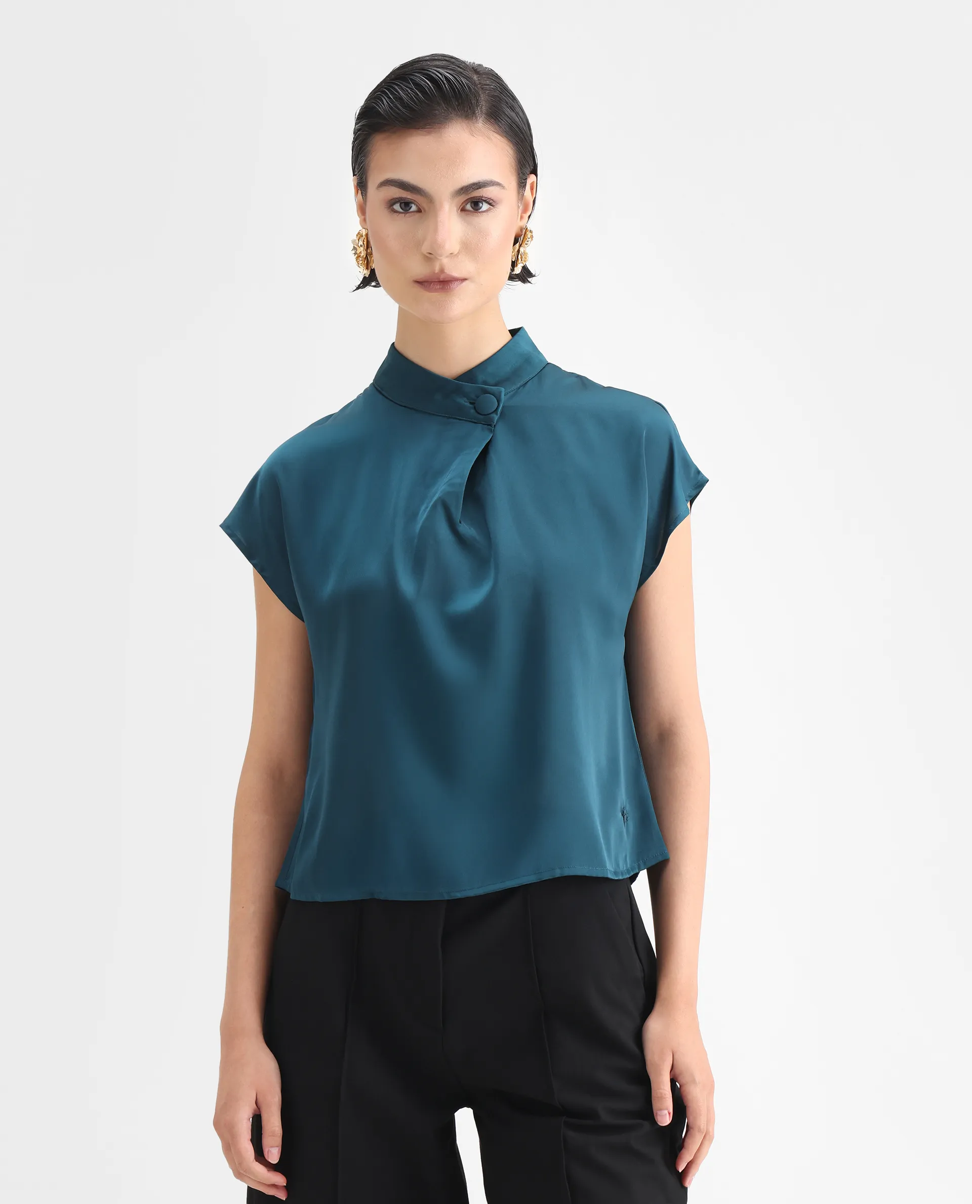 Rareism Women's Plama Petrol Satin Mandarin Collar Plain Extended Sleeves Regular Fit Top - Image 3