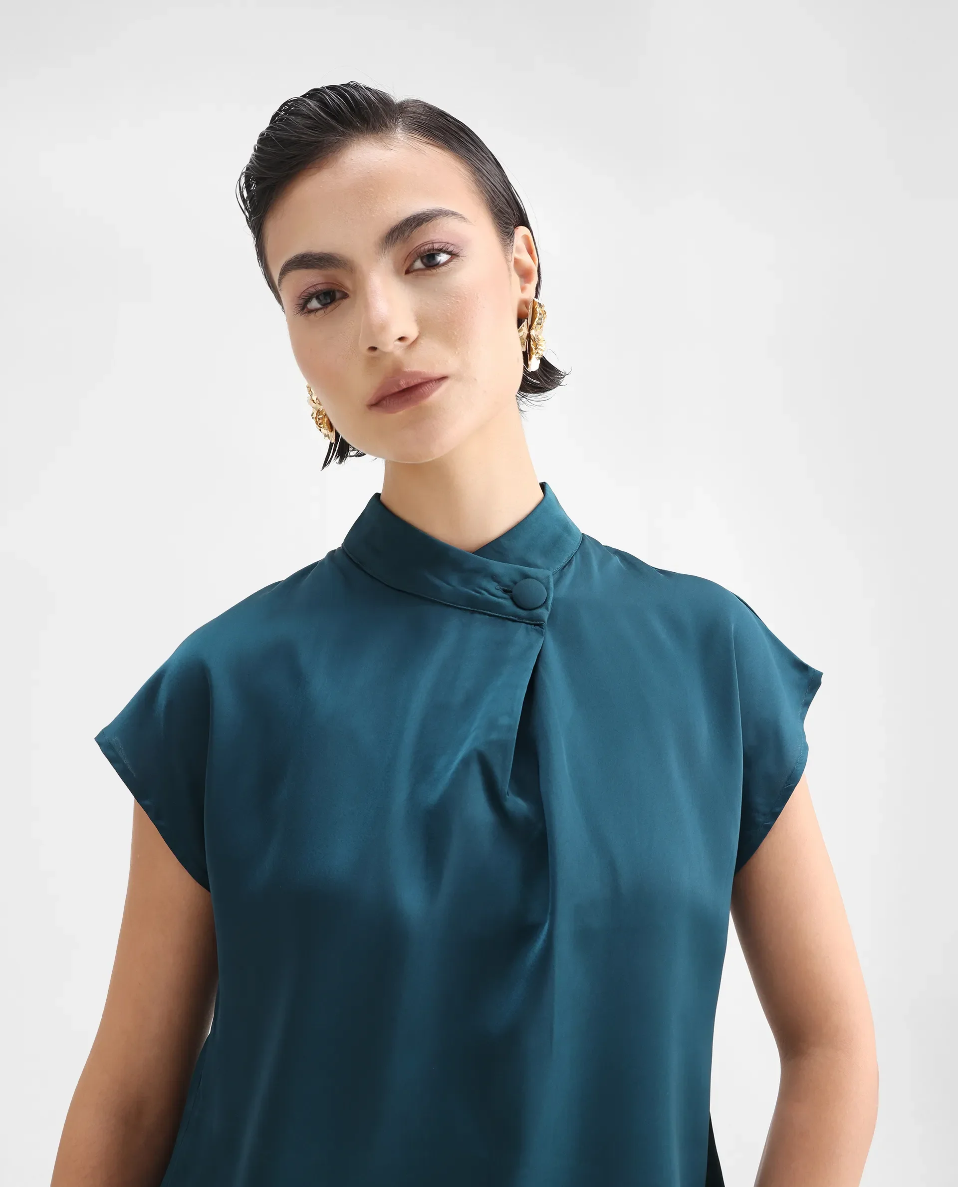 Rareism Women's Plama Petrol Satin Mandarin Collar Plain Extended Sleeves Regular Fit Top - Image 4