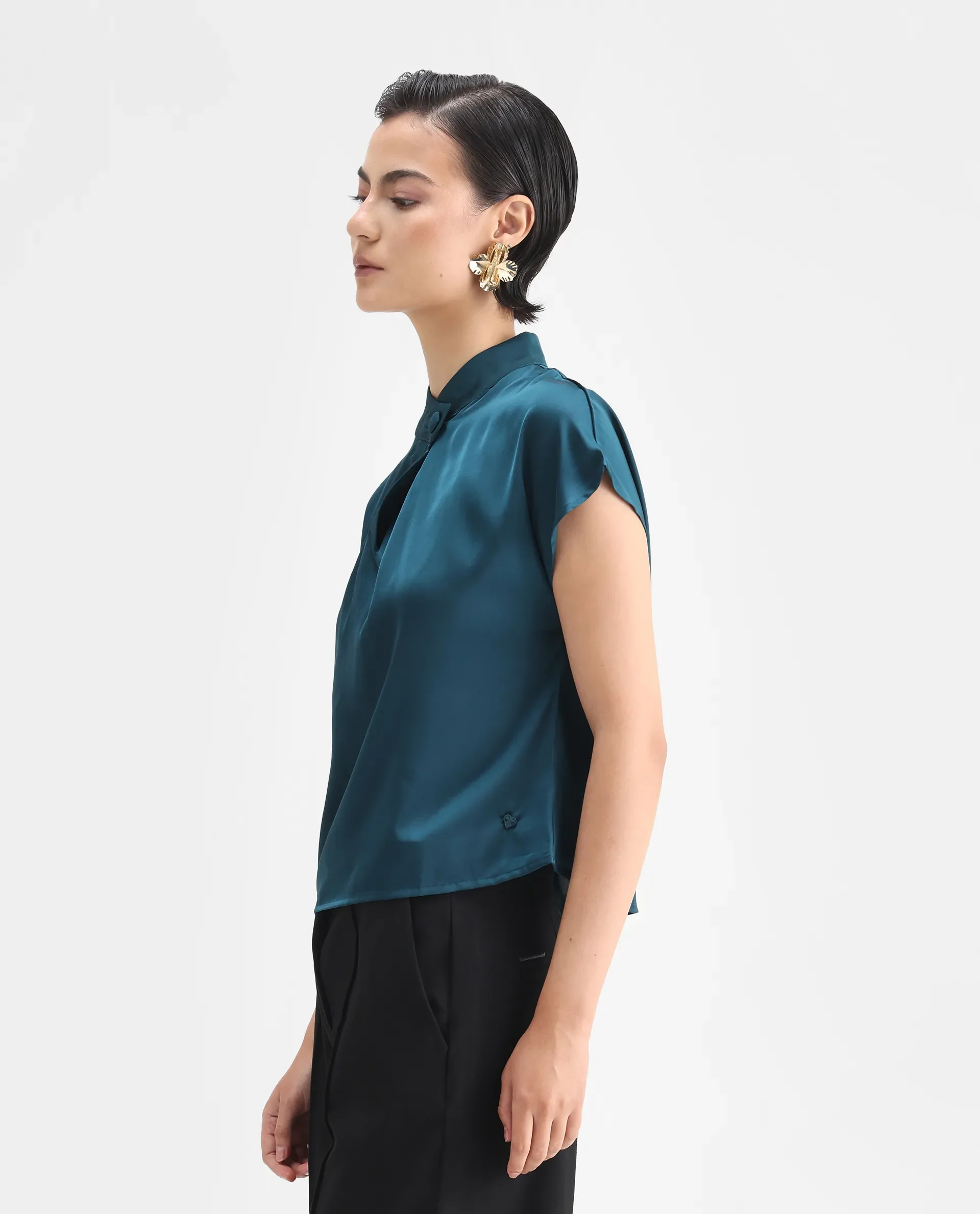 Rareism Women's Plama Petrol Satin Mandarin Collar Plain Extended Sleeves Regular Fit Top - Image 5