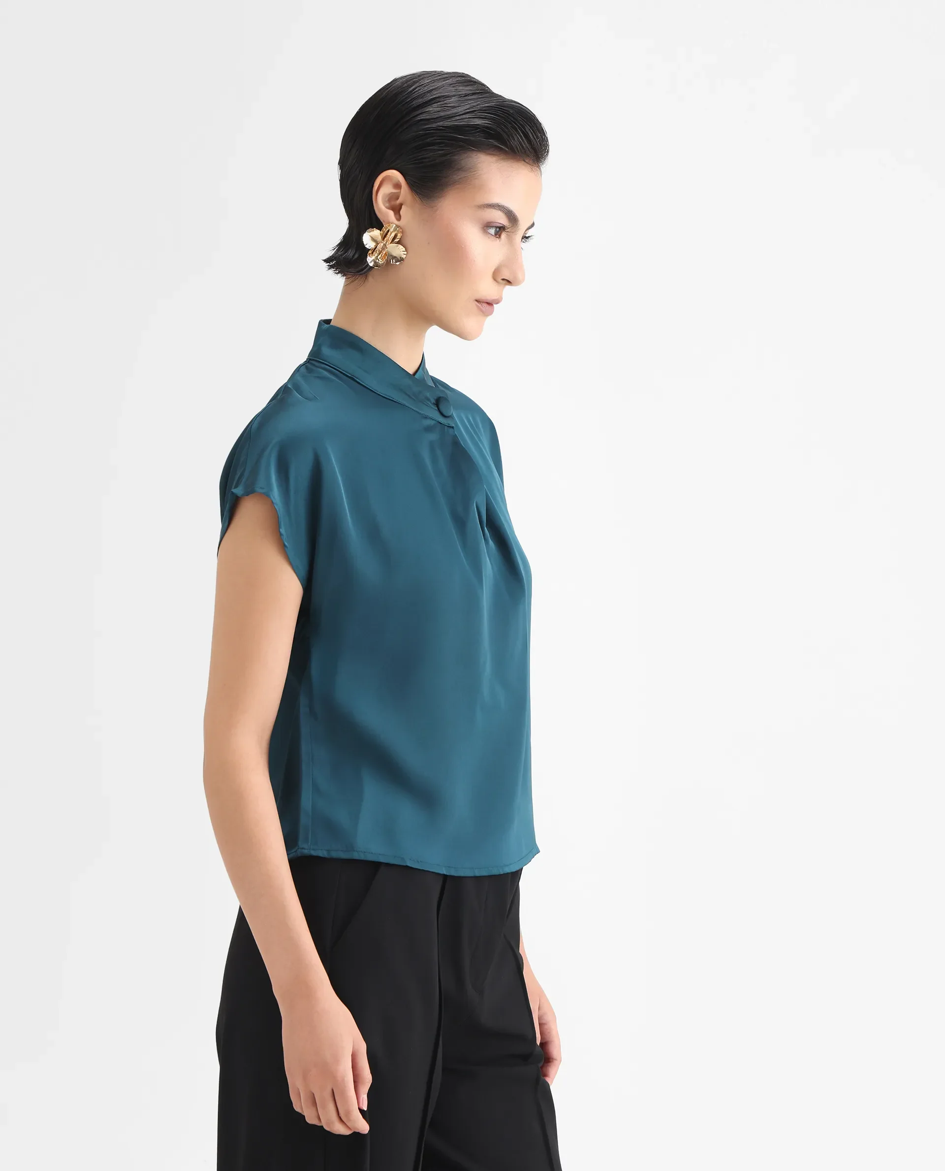 Rareism Women's Plama Petrol Satin Mandarin Collar Plain Extended Sleeves Regular Fit Top - Image 6