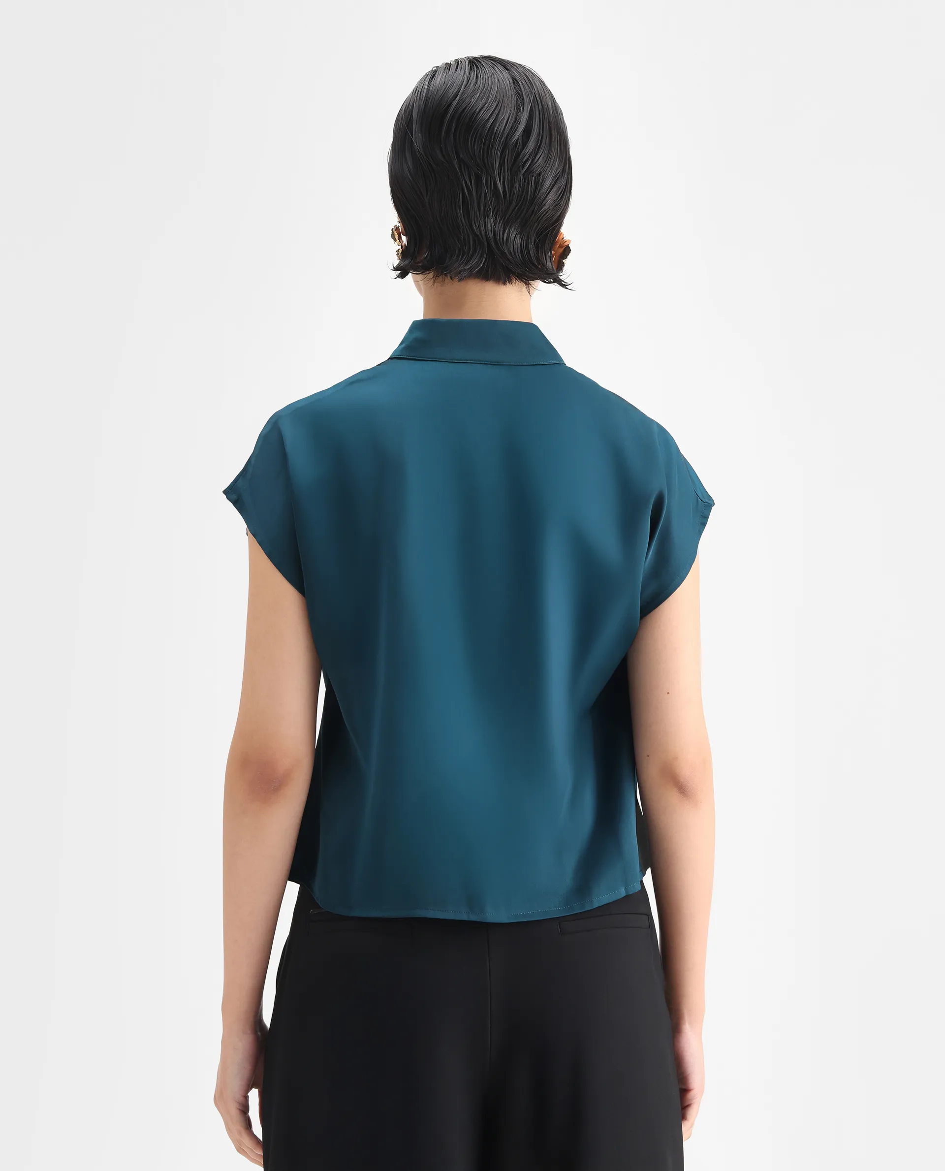 Rareism Women's Plama Petrol Satin Mandarin Collar Plain Extended Sleeves Regular Fit Top - Image 7