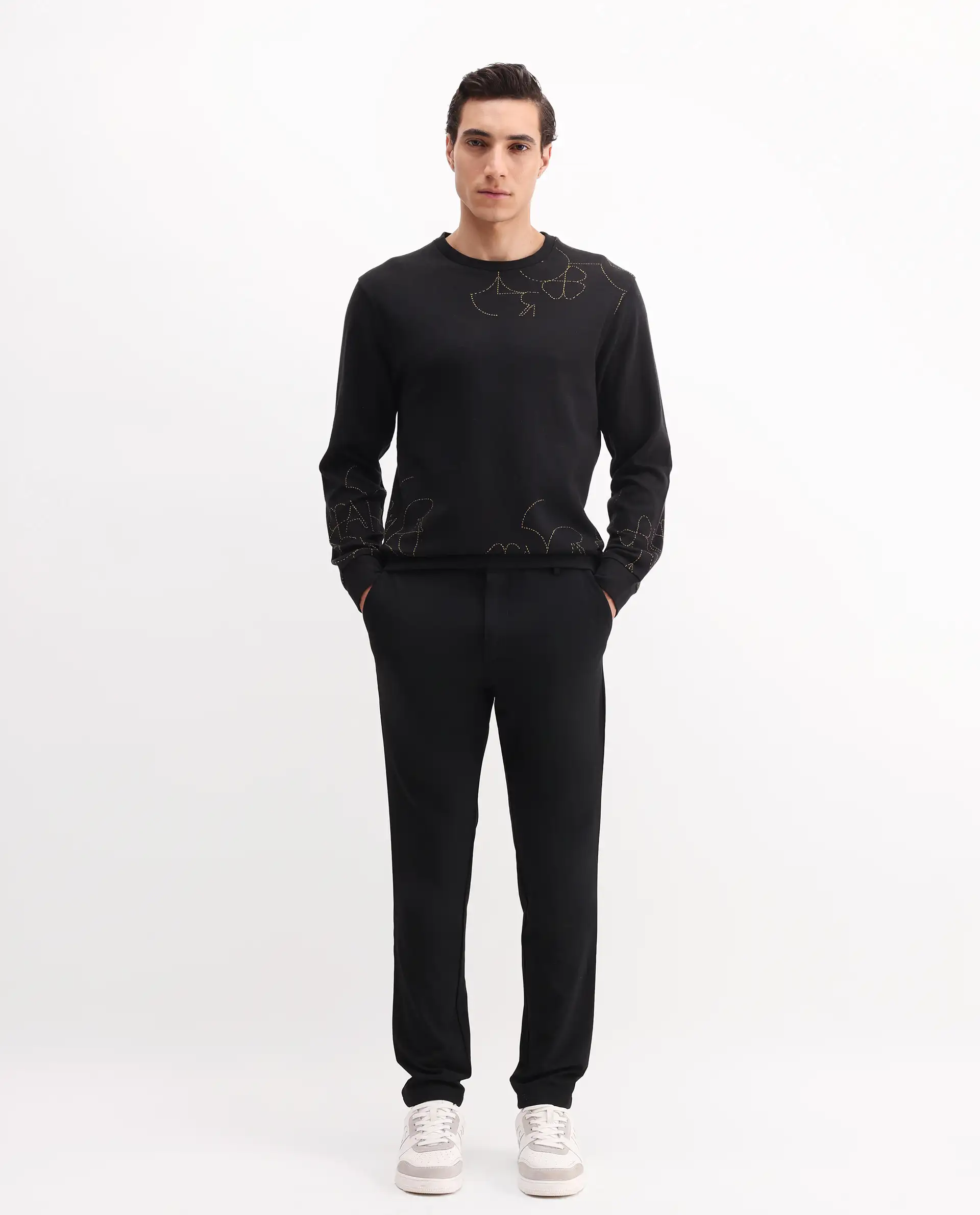 Rare Rabbit Men's Planes Black Cotton Embroidered Relaxed Fit Full Sleeve Crew Neck Sweatshirt - Image 2
