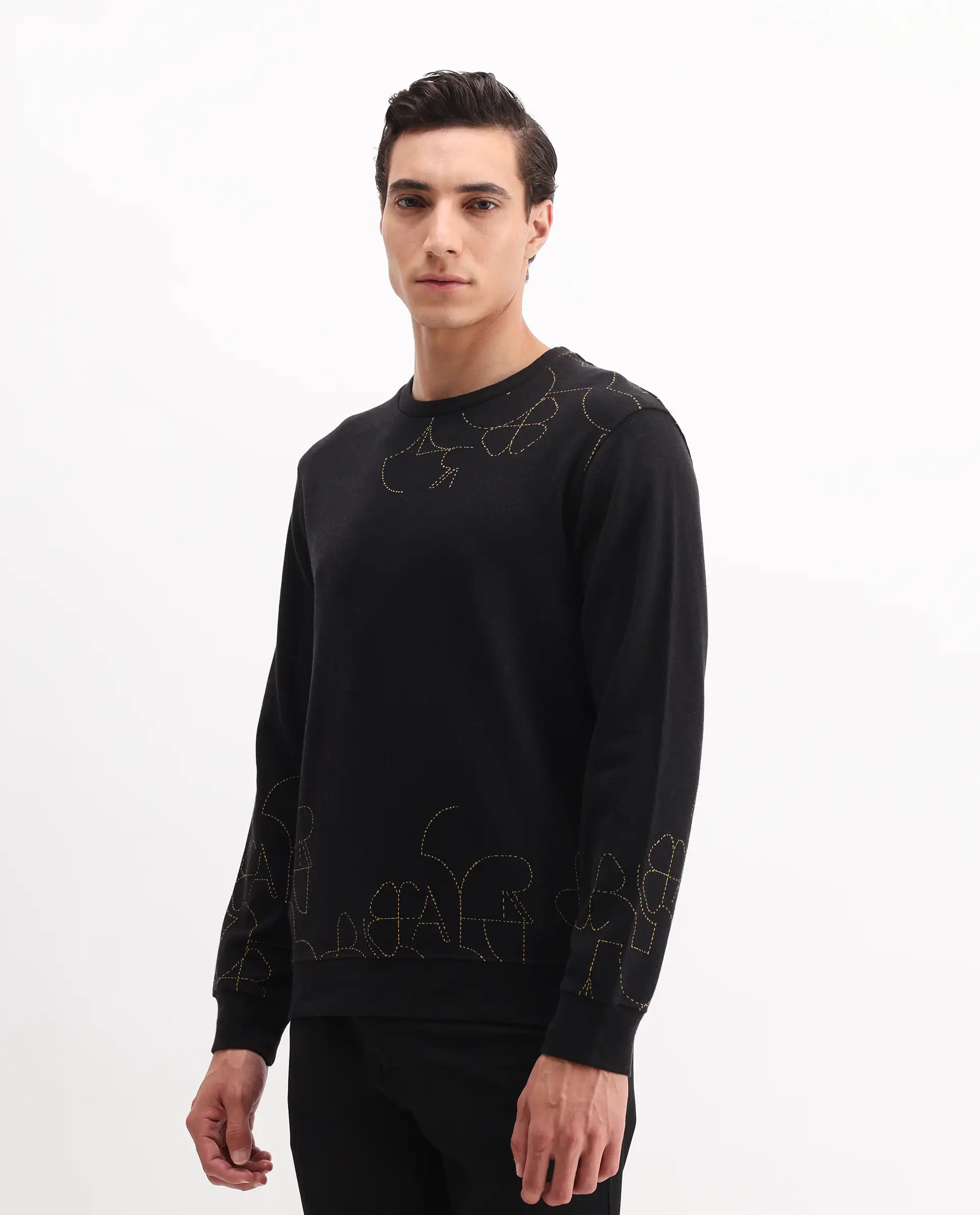 Rare Rabbit Men's Planes Black Cotton Embroidered Relaxed Fit Full Sleeve Crew Neck Sweatshirt - Image 4