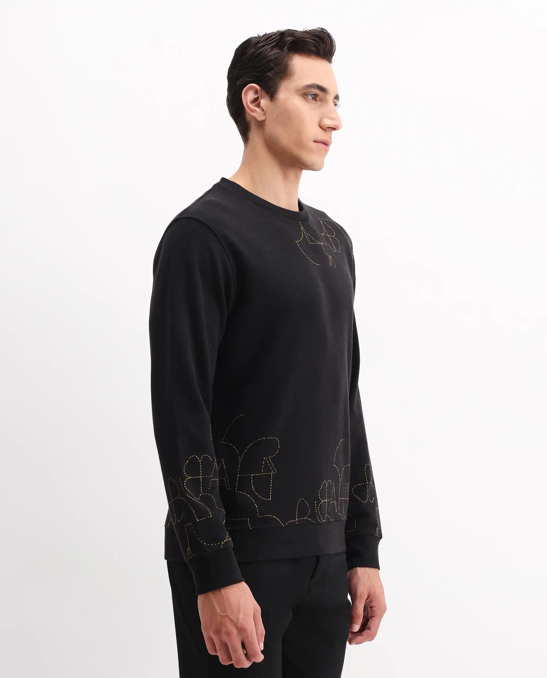 Rare Rabbit Men's Planes Black Cotton Embroidered Relaxed Fit Full Sleeve Crew Neck Sweatshirt - Image 5