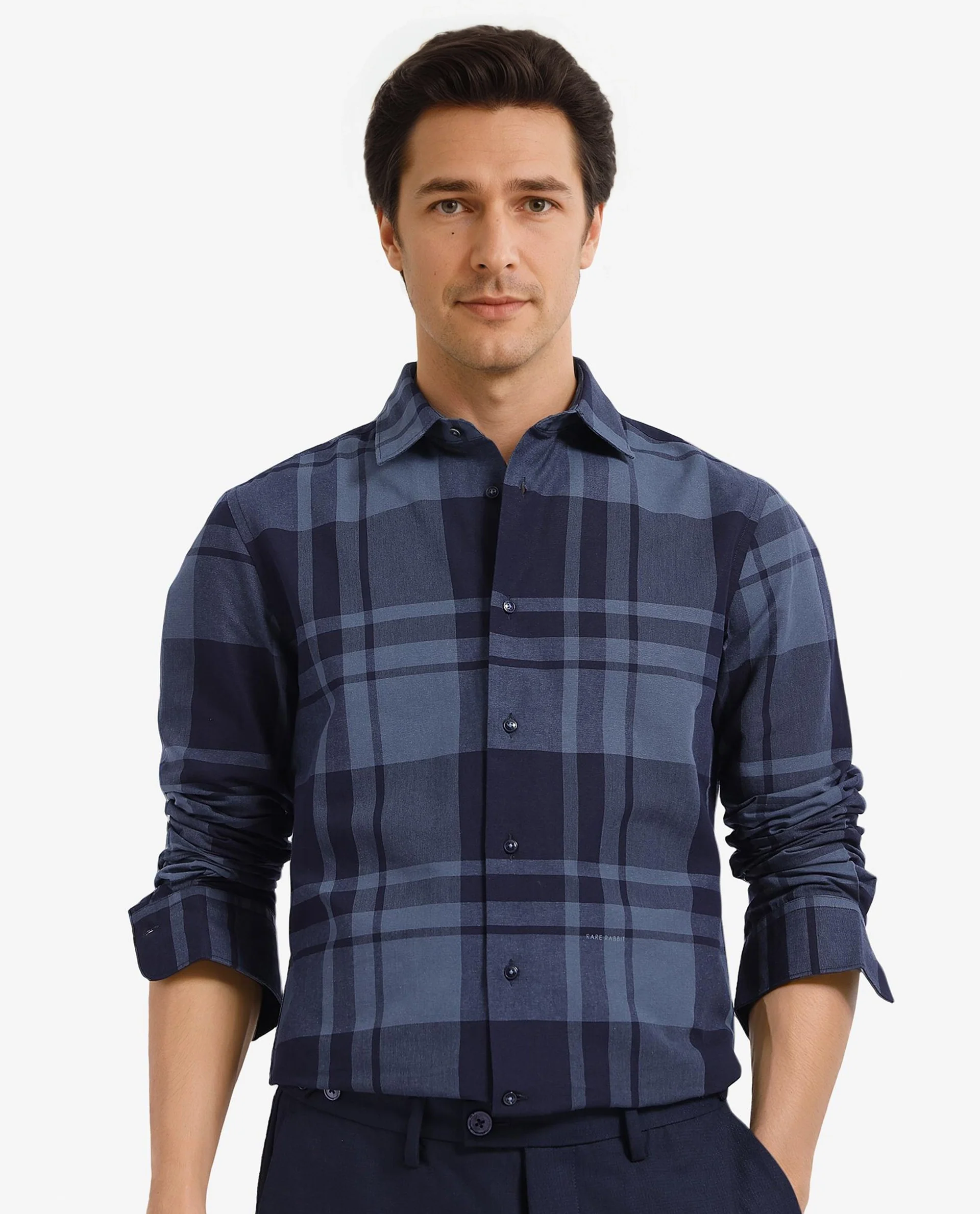 Rare Rabbit Men's Planos Dark Grey Cotton Checked Print Regular Fit Full Sleeve Collared Shirt - Image 4