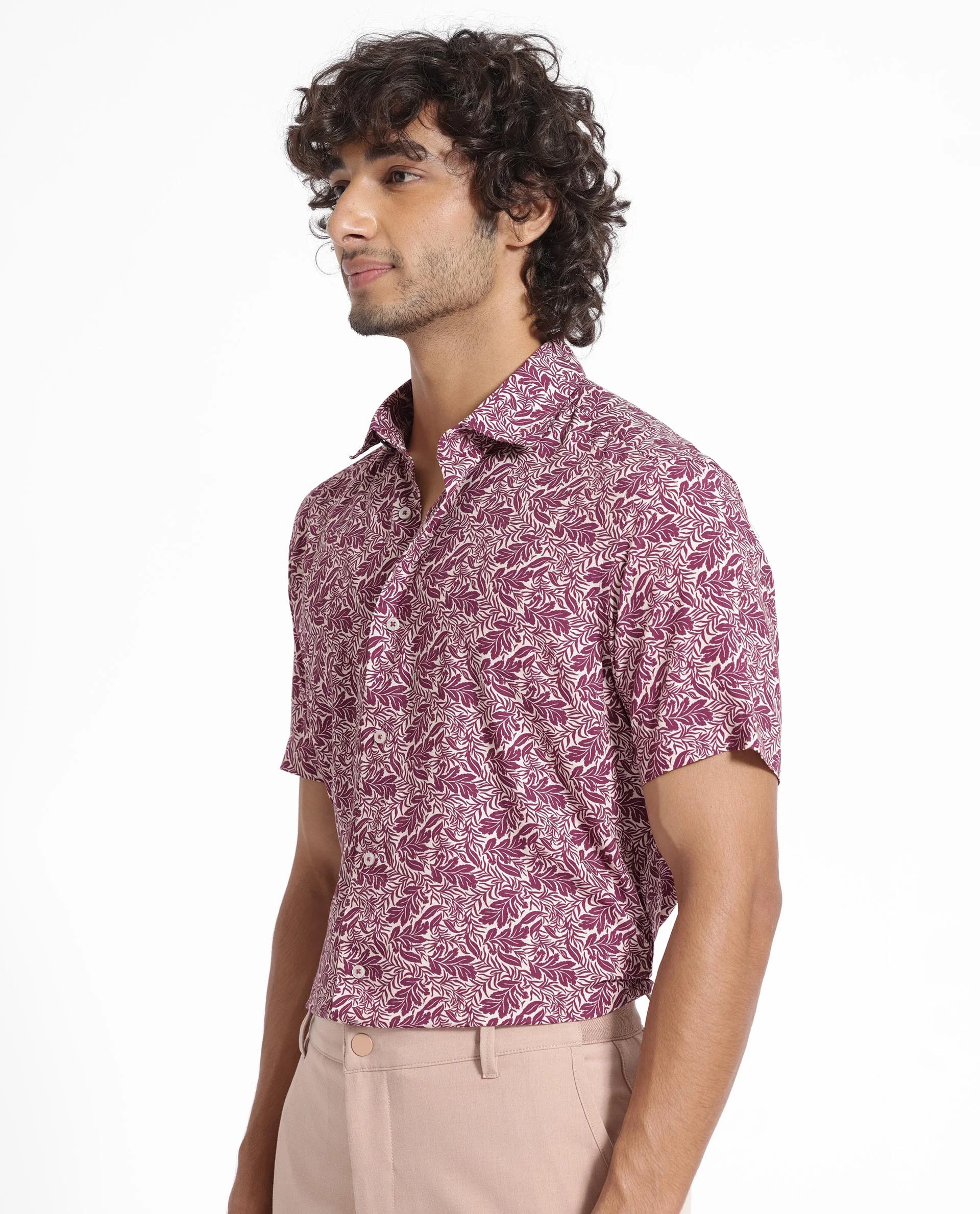 Rare Rabbit Men's Planto Purple Viscose Floral Print Regular Fit Half Sleeve Collared Shirt - Image 3
