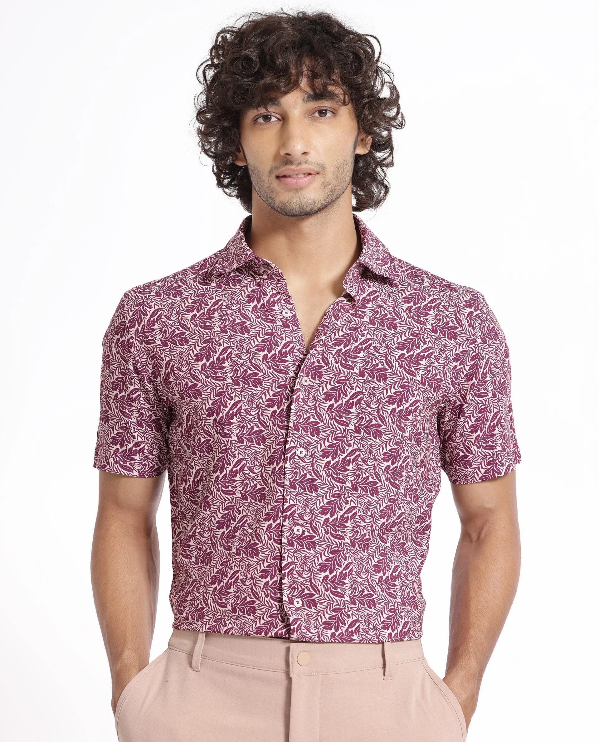 Rare Rabbit Men's Planto Purple Viscose Floral Print Regular Fit Half Sleeve Collared Shirt - Image 7