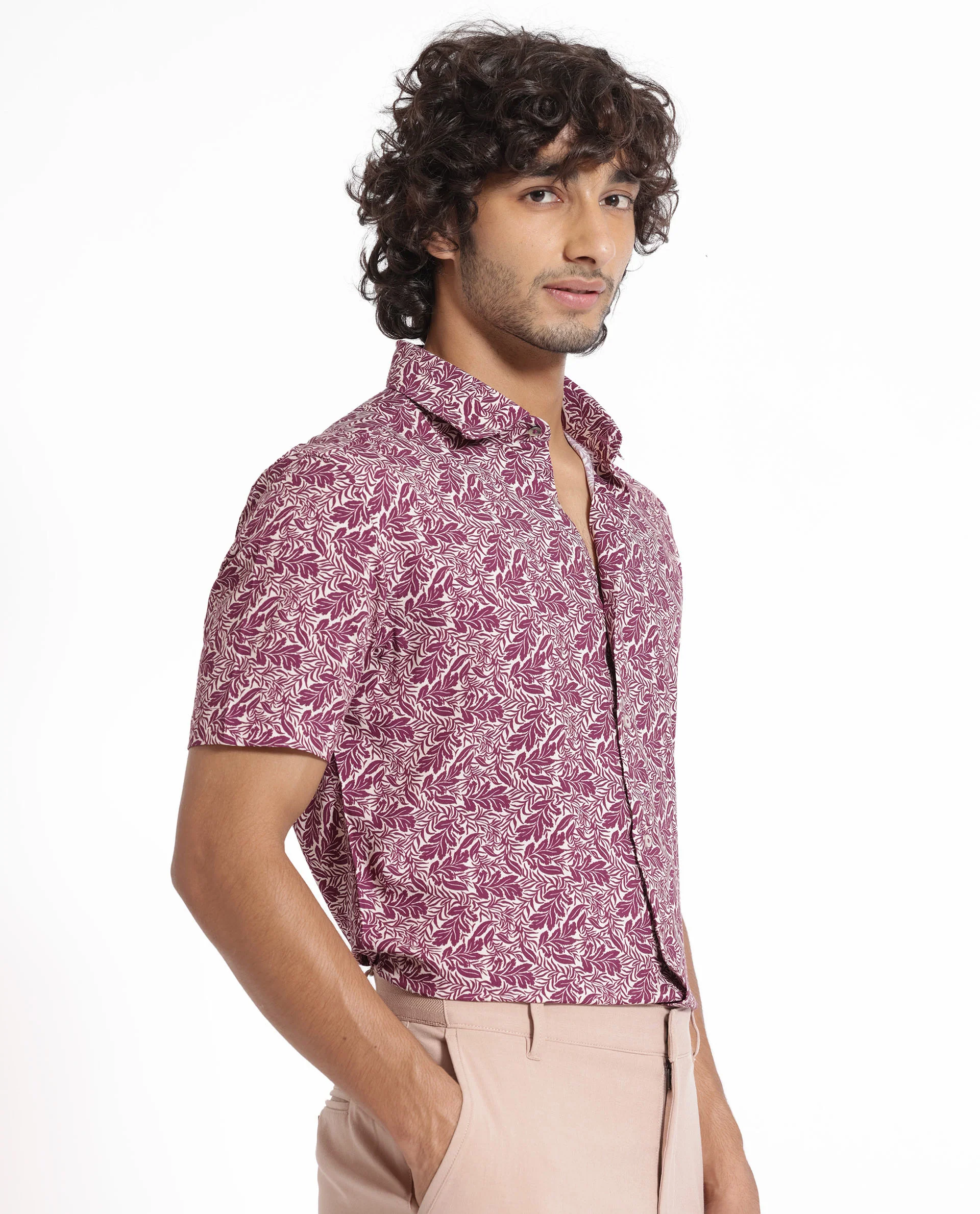 Rare Rabbit Men's Planto Purple Viscose Floral Print Regular Fit Half Sleeve Collared Shirt - Image 9