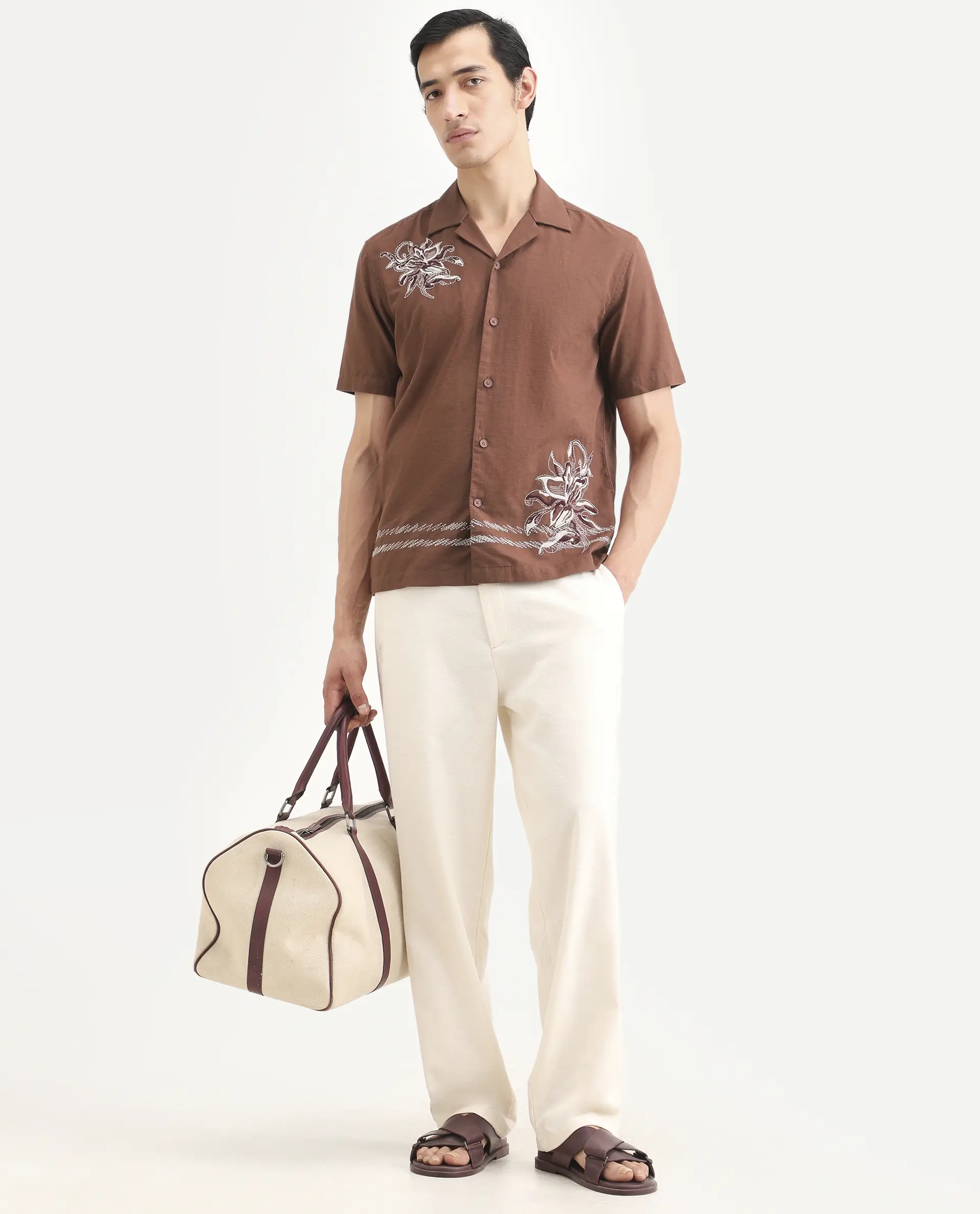 Rare Rabbit Men's Plem Brown Cotton Blend Fabric Half Sleeve Cuban Collar Relaxed Fit Embroidered Shirt - Image 2