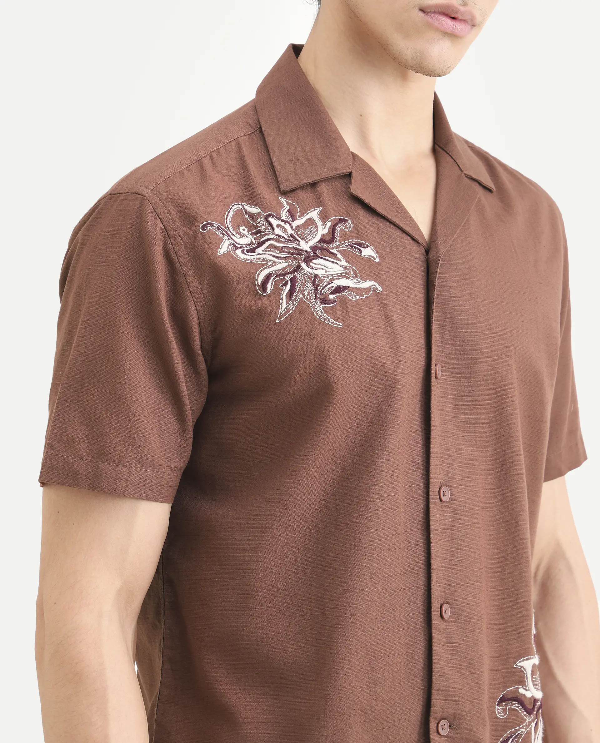 Rare Rabbit Men's Plem Brown Cotton Blend Fabric Half Sleeve Cuban Collar Relaxed Fit Embroidered Shirt - Image 3