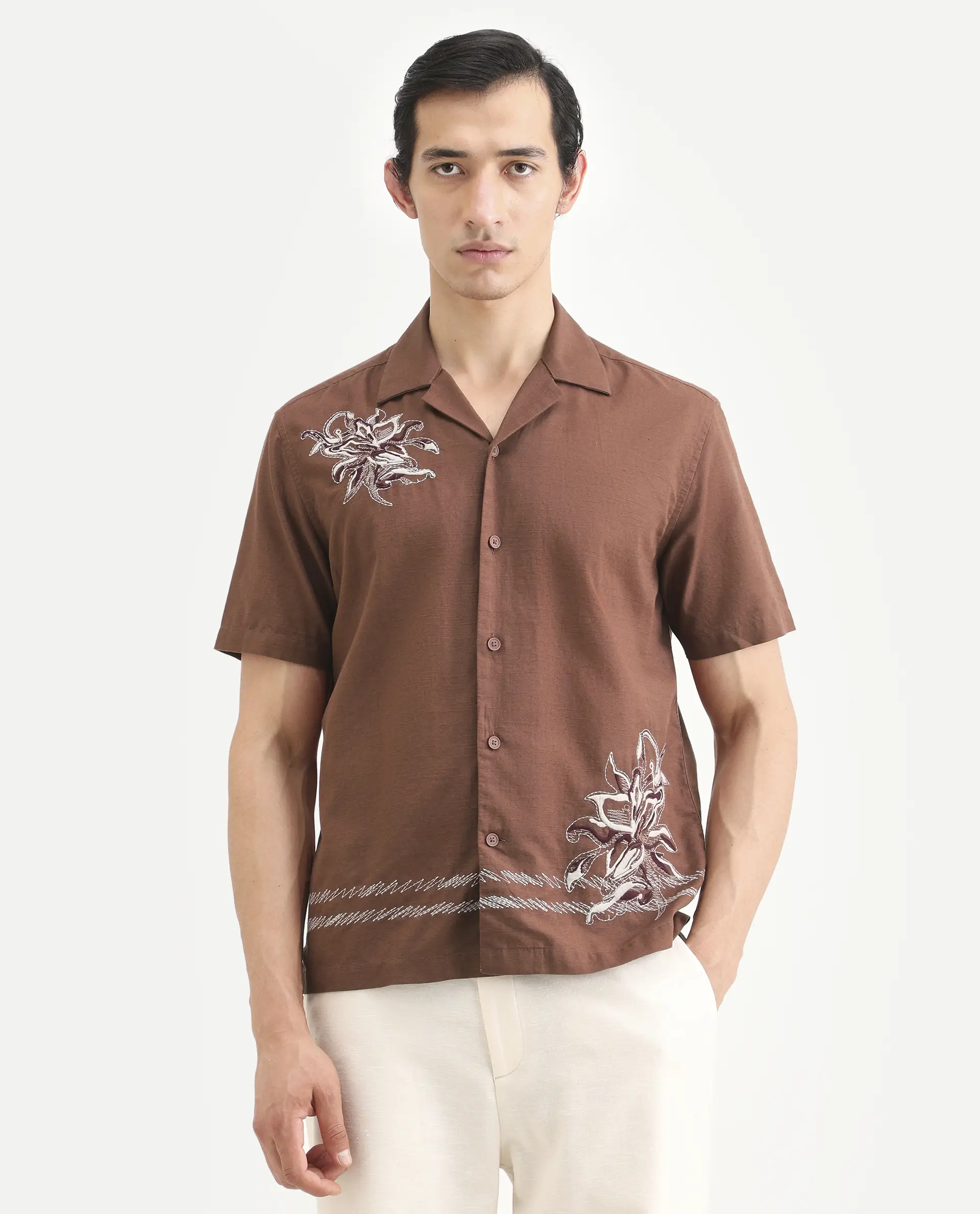 Rare Rabbit Men's Plem Brown Cotton Blend Fabric Half Sleeve Cuban Collar Relaxed Fit Embroidered Shirt - Image 4