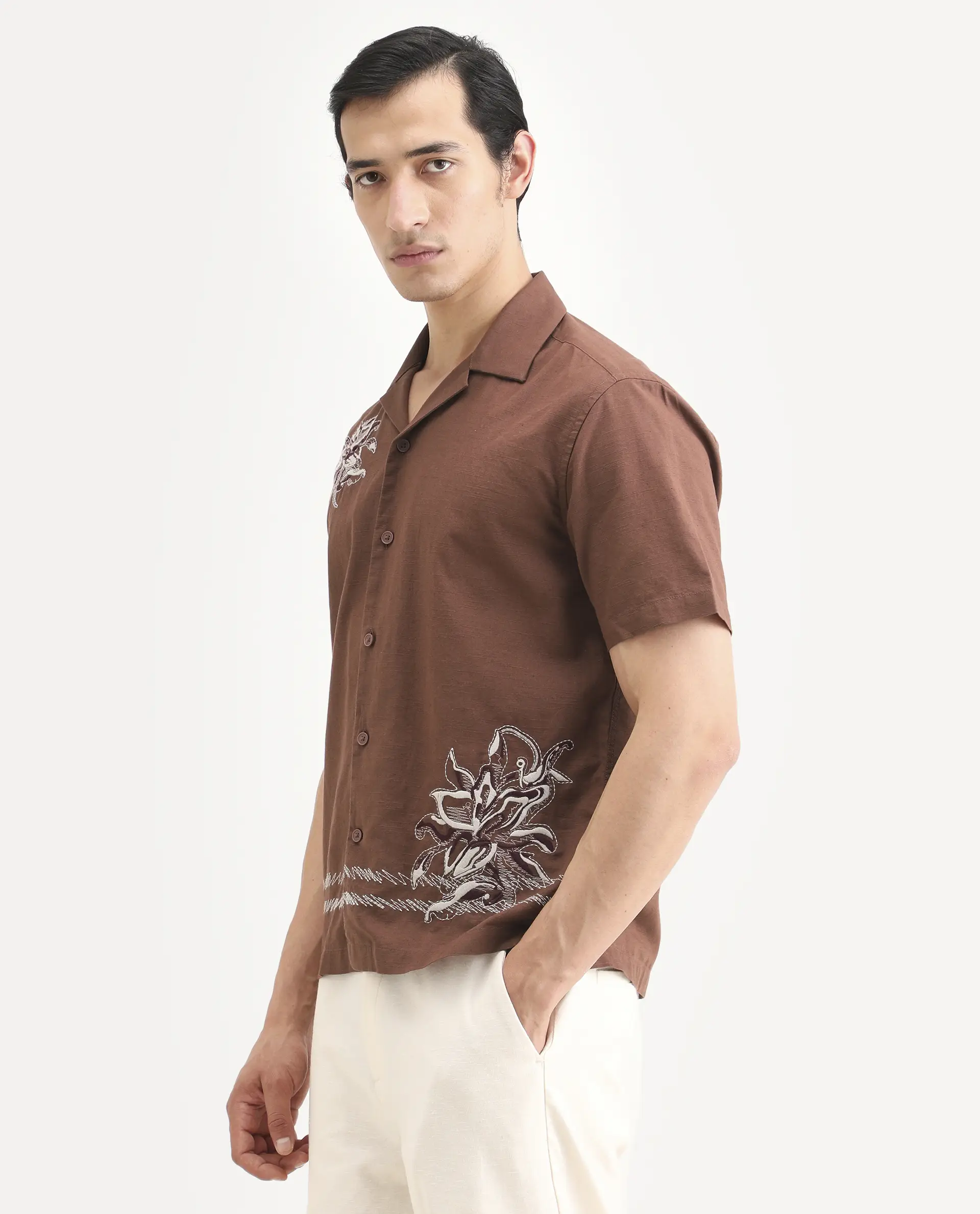 Rare Rabbit Men's Plem Brown Cotton Blend Fabric Half Sleeve Cuban Collar Relaxed Fit Embroidered Shirt - Image 5
