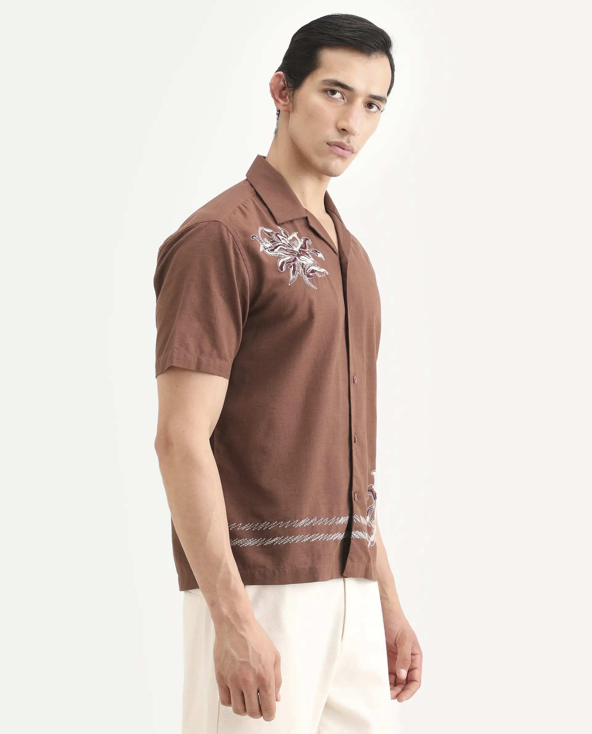 Rare Rabbit Men's Plem Brown Cotton Blend Fabric Half Sleeve Cuban Collar Relaxed Fit Embroidered Shirt - Image 6