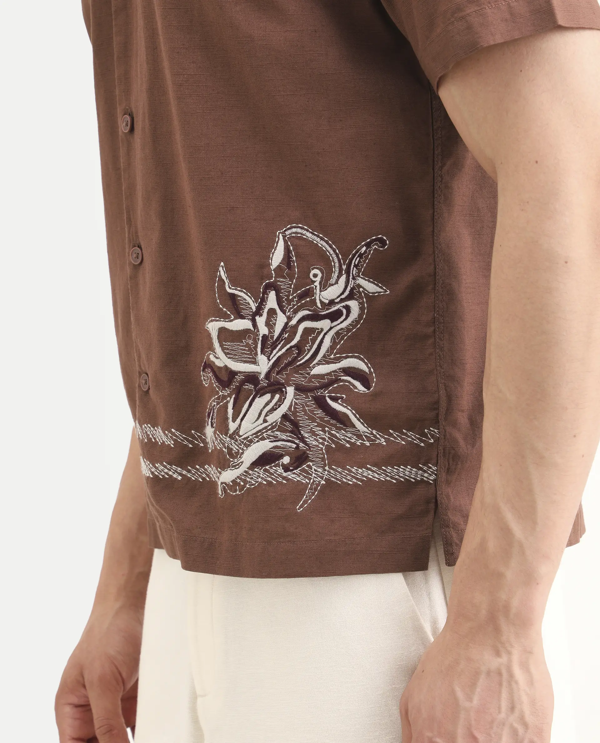 Rare Rabbit Men's Plem Brown Cotton Blend Fabric Half Sleeve Cuban Collar Relaxed Fit Embroidered Shirt - Image 7