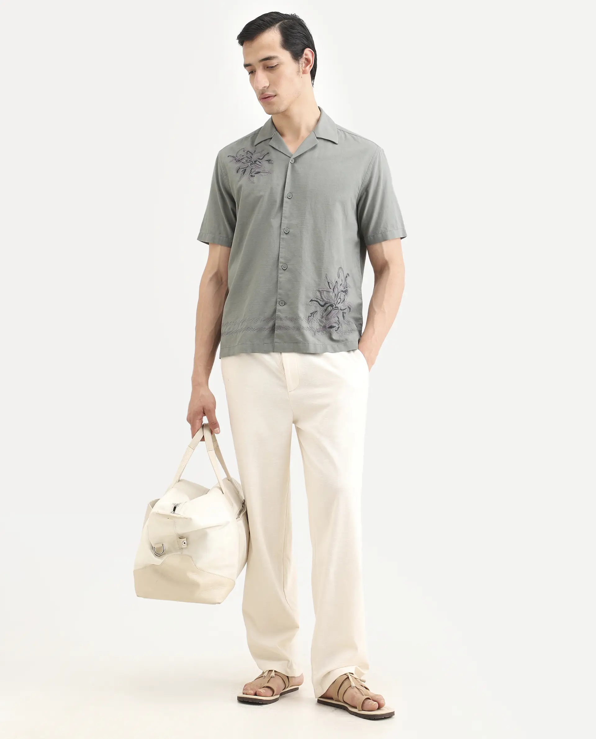 Rare Rabbit Men's Plem Dusky Blue Cotton Blend Fabric Half Sleeve Cuban Collar Relaxed Fit Embroidered Shirt - Image 2