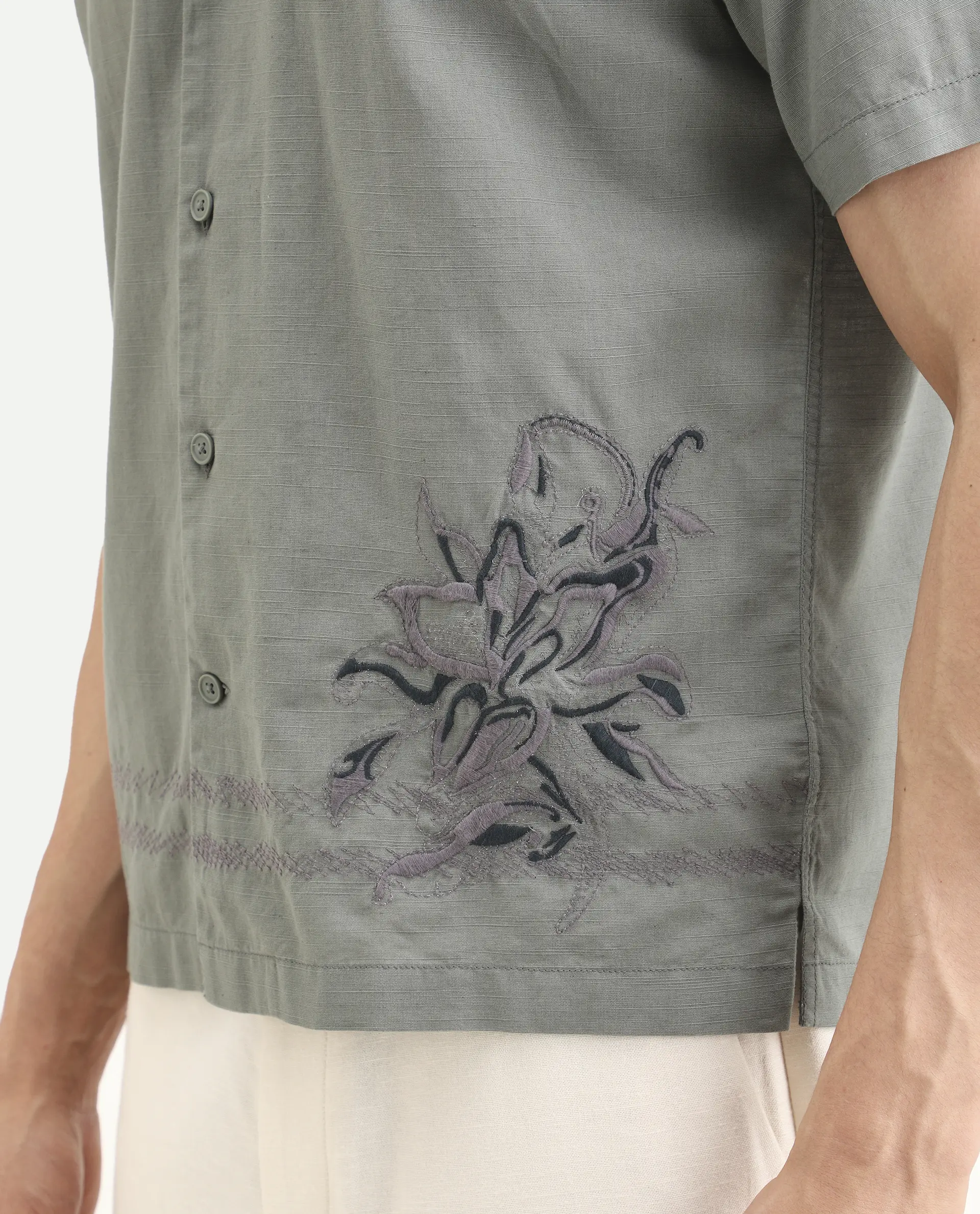 Rare Rabbit Men's Plem Dusky Blue Cotton Blend Fabric Half Sleeve Cuban Collar Relaxed Fit Embroidered Shirt - Image 3