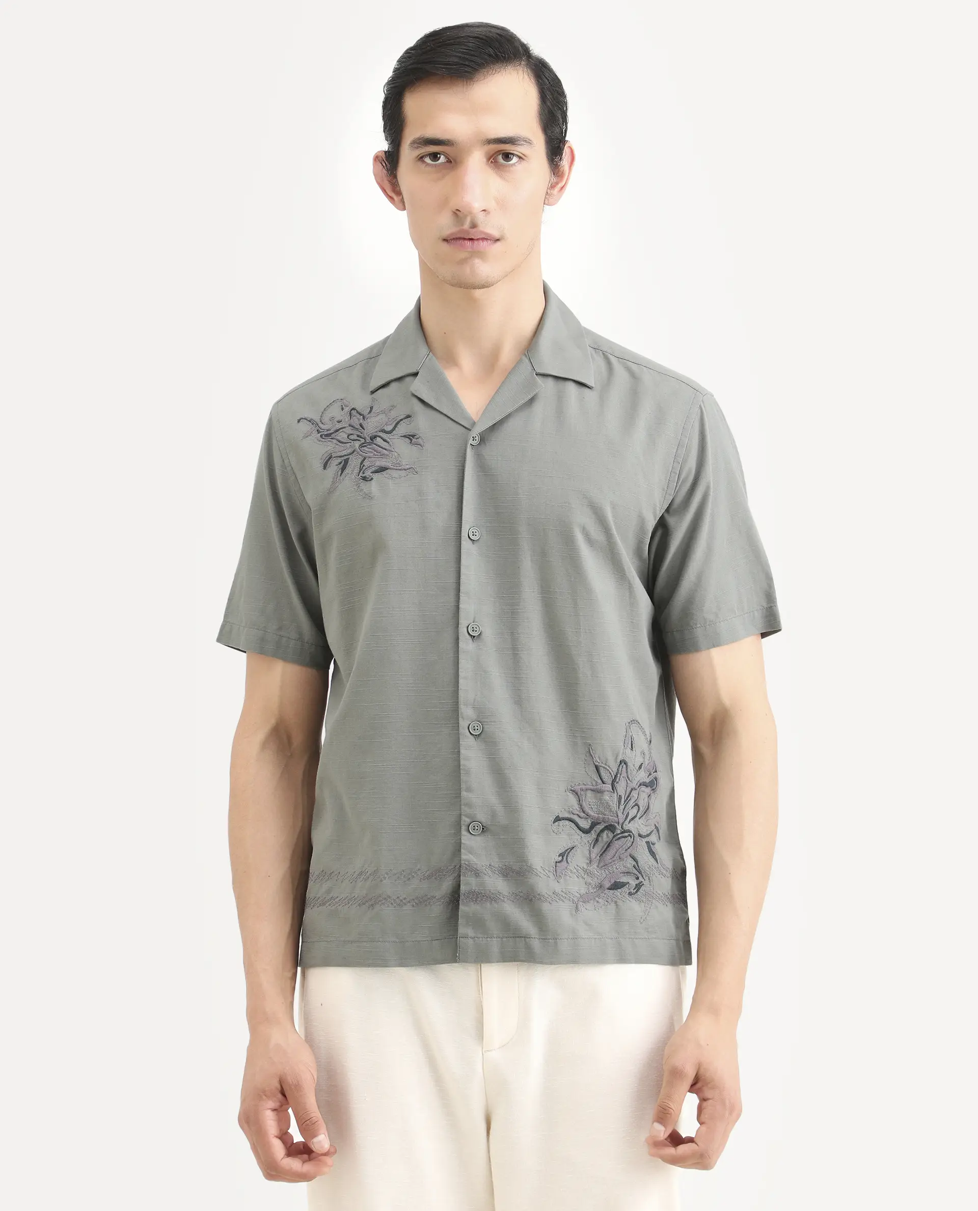 Rare Rabbit Men's Plem Dusky Blue Cotton Blend Fabric Half Sleeve Cuban Collar Relaxed Fit Embroidered Shirt - Image 4