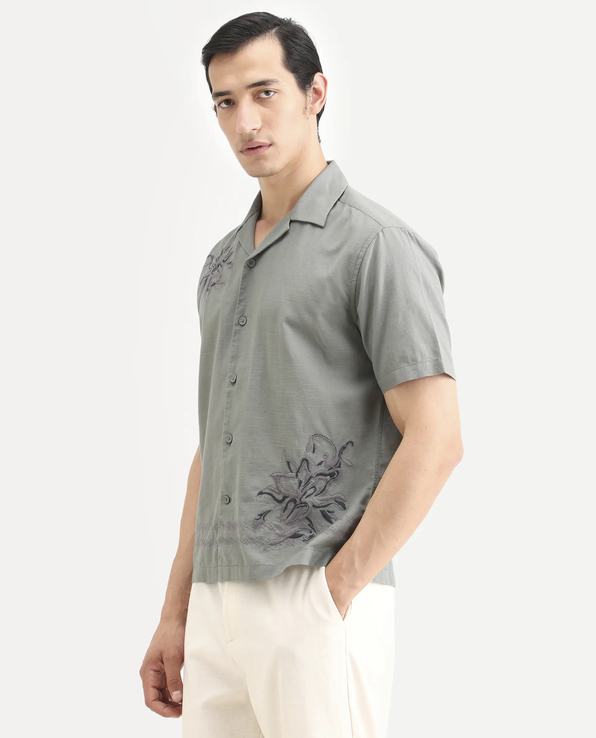 Rare Rabbit Men's Plem Dusky Blue Cotton Blend Fabric Half Sleeve Cuban Collar Relaxed Fit Embroidered Shirt - Image 5
