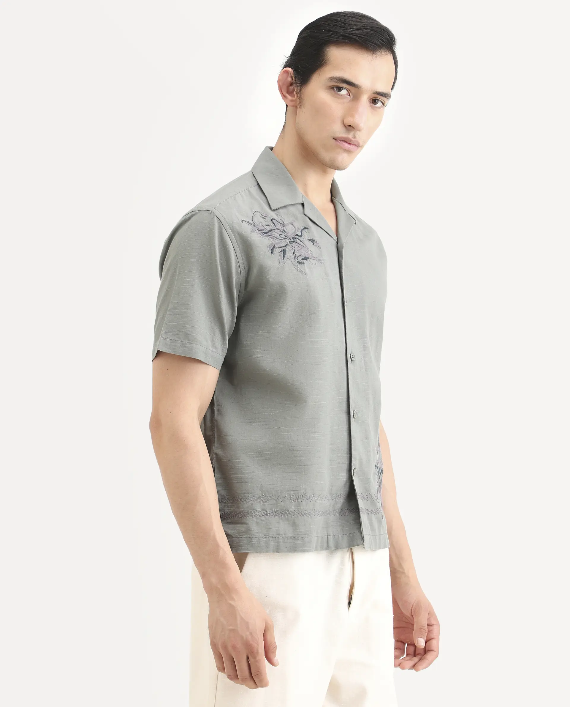 Rare Rabbit Men's Plem Dusky Blue Cotton Blend Fabric Half Sleeve Cuban Collar Relaxed Fit Embroidered Shirt - Image 6