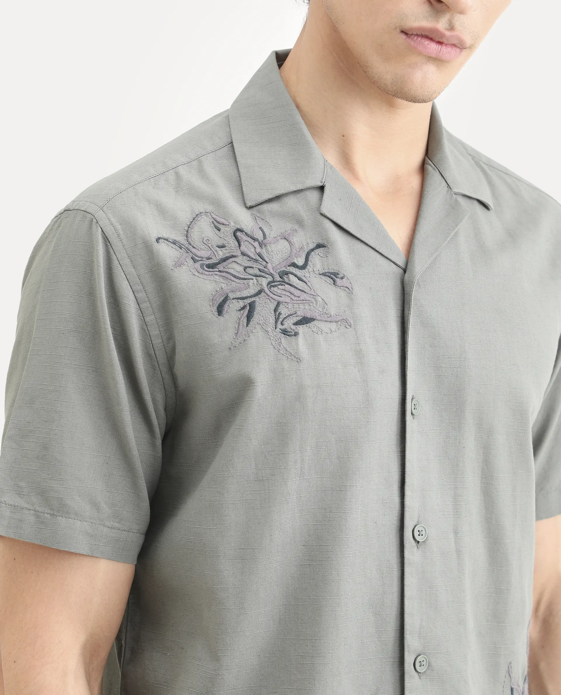 Rare Rabbit Men's Plem Dusky Blue Cotton Blend Fabric Half Sleeve Cuban Collar Relaxed Fit Embroidered Shirt - Image 7
