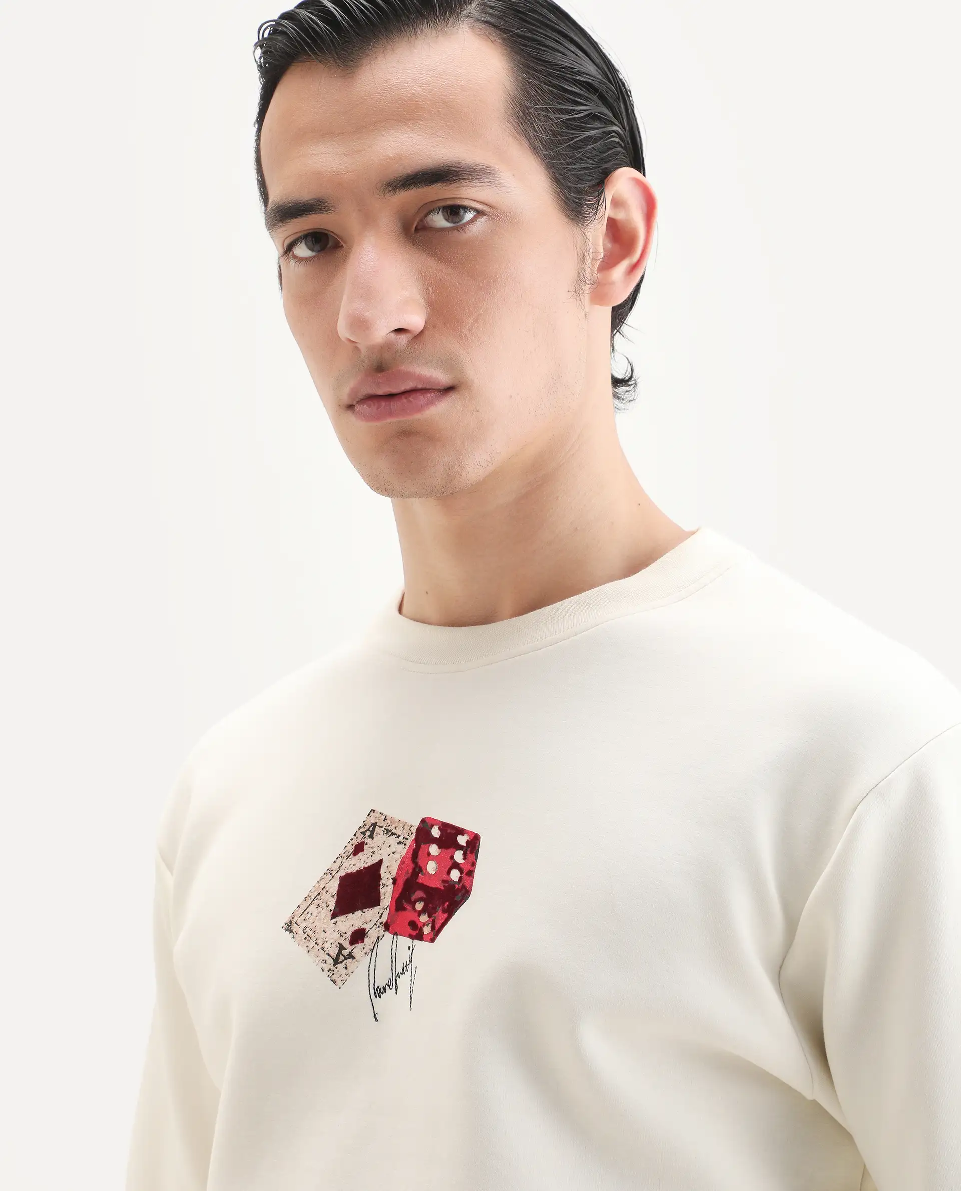 Rare Rabbit Men's Plex Off White Cotton Blend Graphic Print Relaxed Fit Full Sleeve Crew Neck Sweatshirt - Image 3