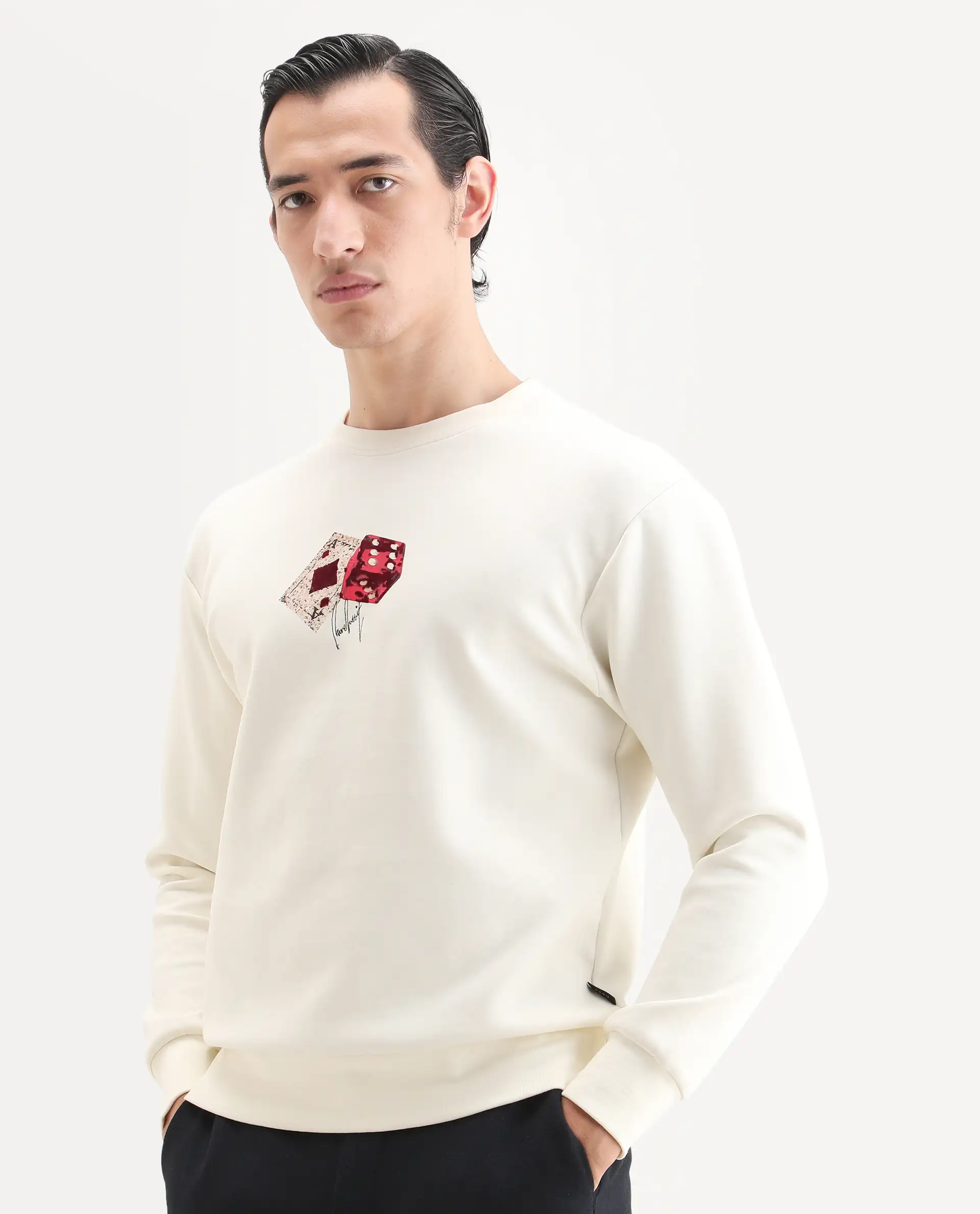 Rare Rabbit Men's Plex Off White Cotton Blend Graphic Print Relaxed Fit Full Sleeve Crew Neck Sweatshirt - Image 4