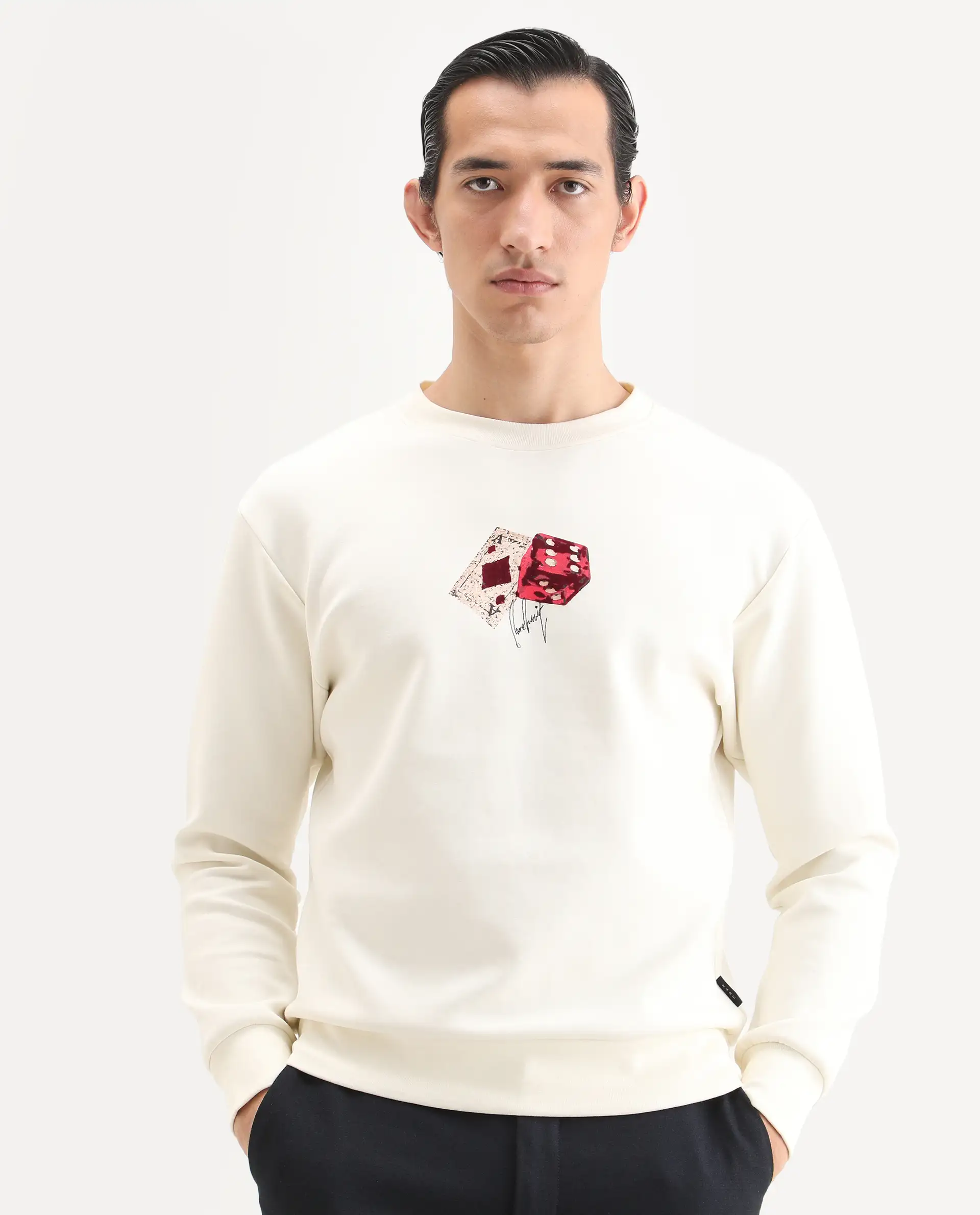 Rare Rabbit Men's Plex Off White Cotton Blend Graphic Print Relaxed Fit Full Sleeve Crew Neck Sweatshirt - Image 6
