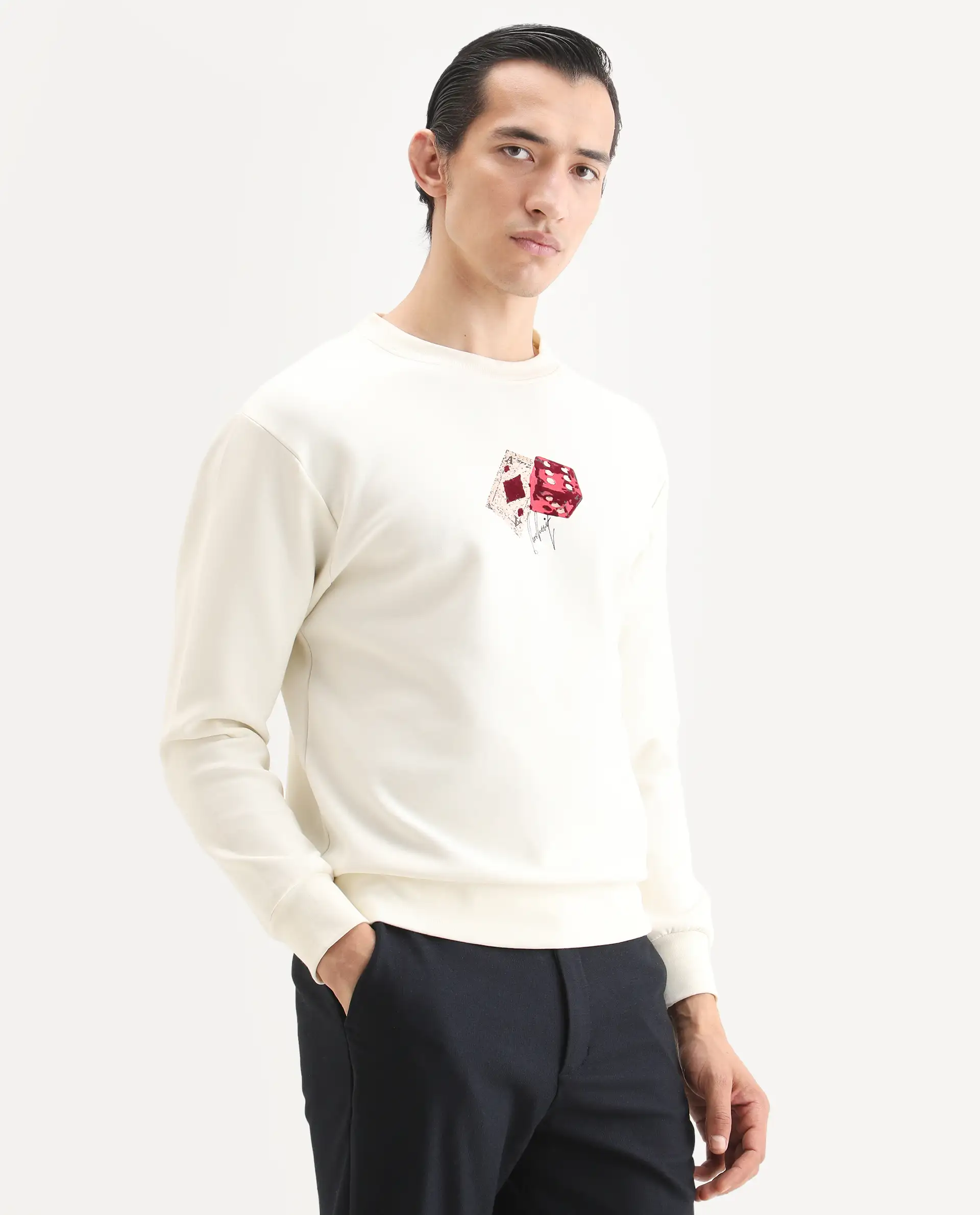 Rare Rabbit Men's Plex Off White Cotton Blend Graphic Print Relaxed Fit Full Sleeve Crew Neck Sweatshirt - Image 7