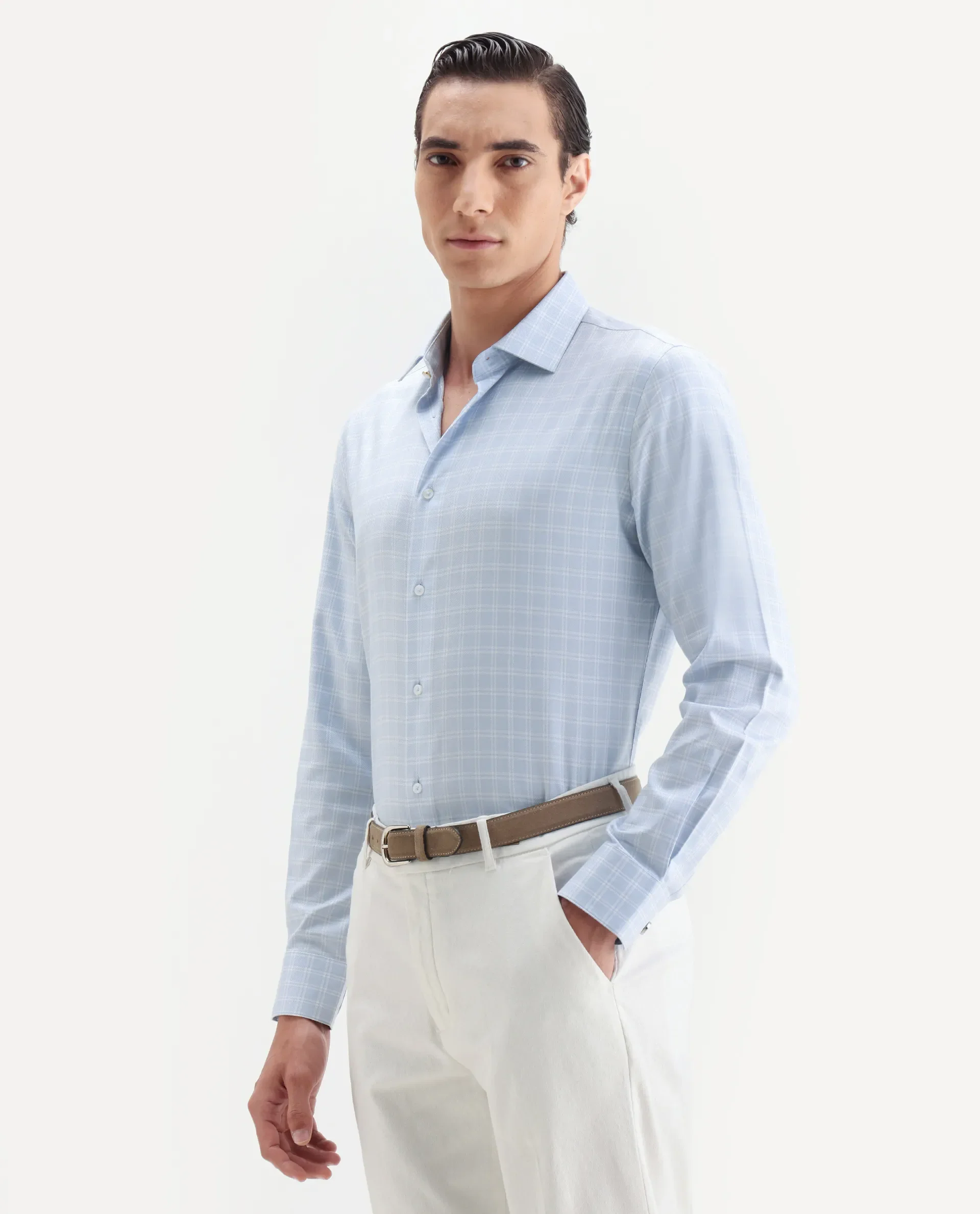Rare Rabbit Men's Plid Blue Cotton Fabric Collared Neck Regular Fit Checks Shirt - Image 5