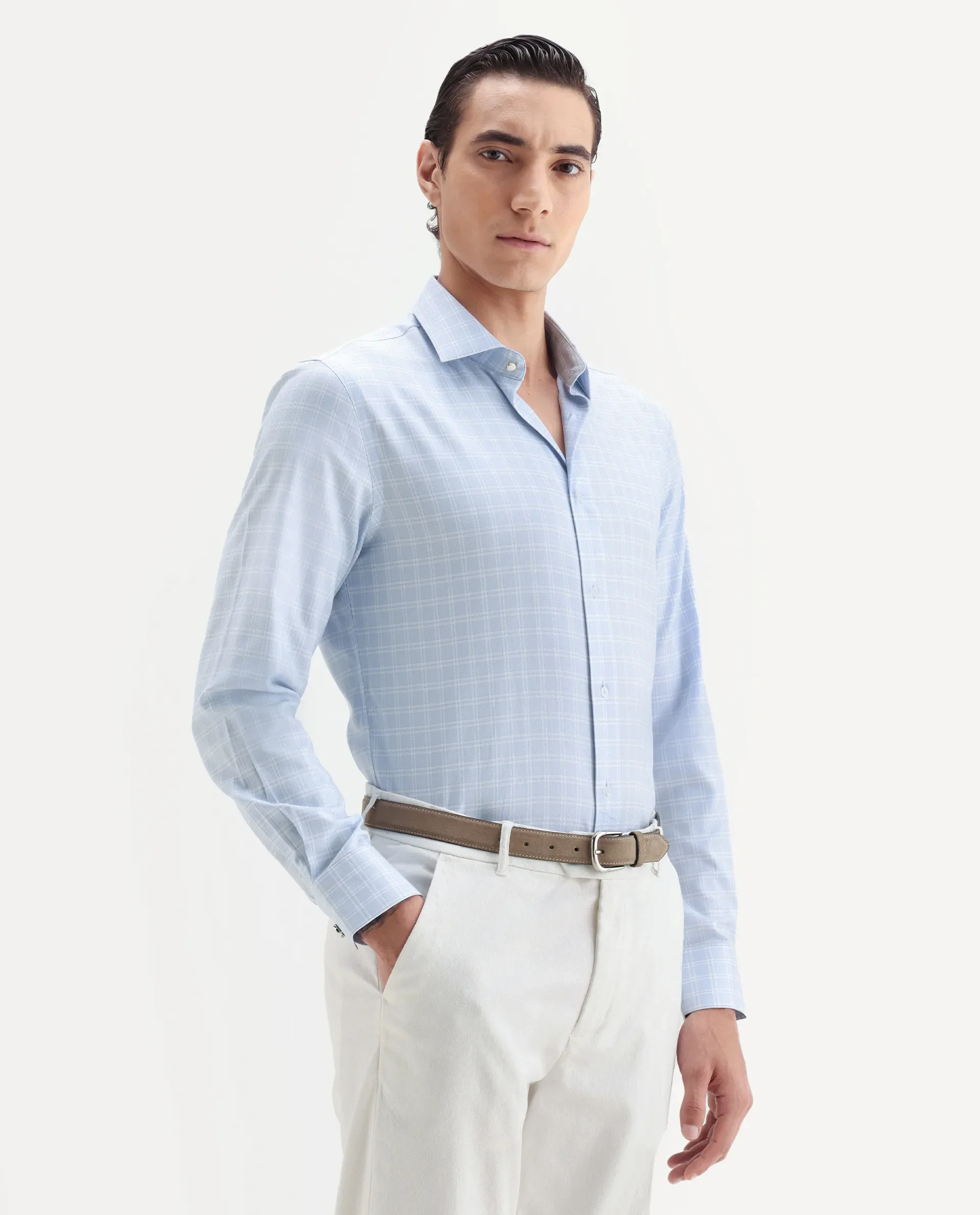 Rare Rabbit Men's Plid Blue Cotton Fabric Collared Neck Regular Fit Checks Shirt - Image 6