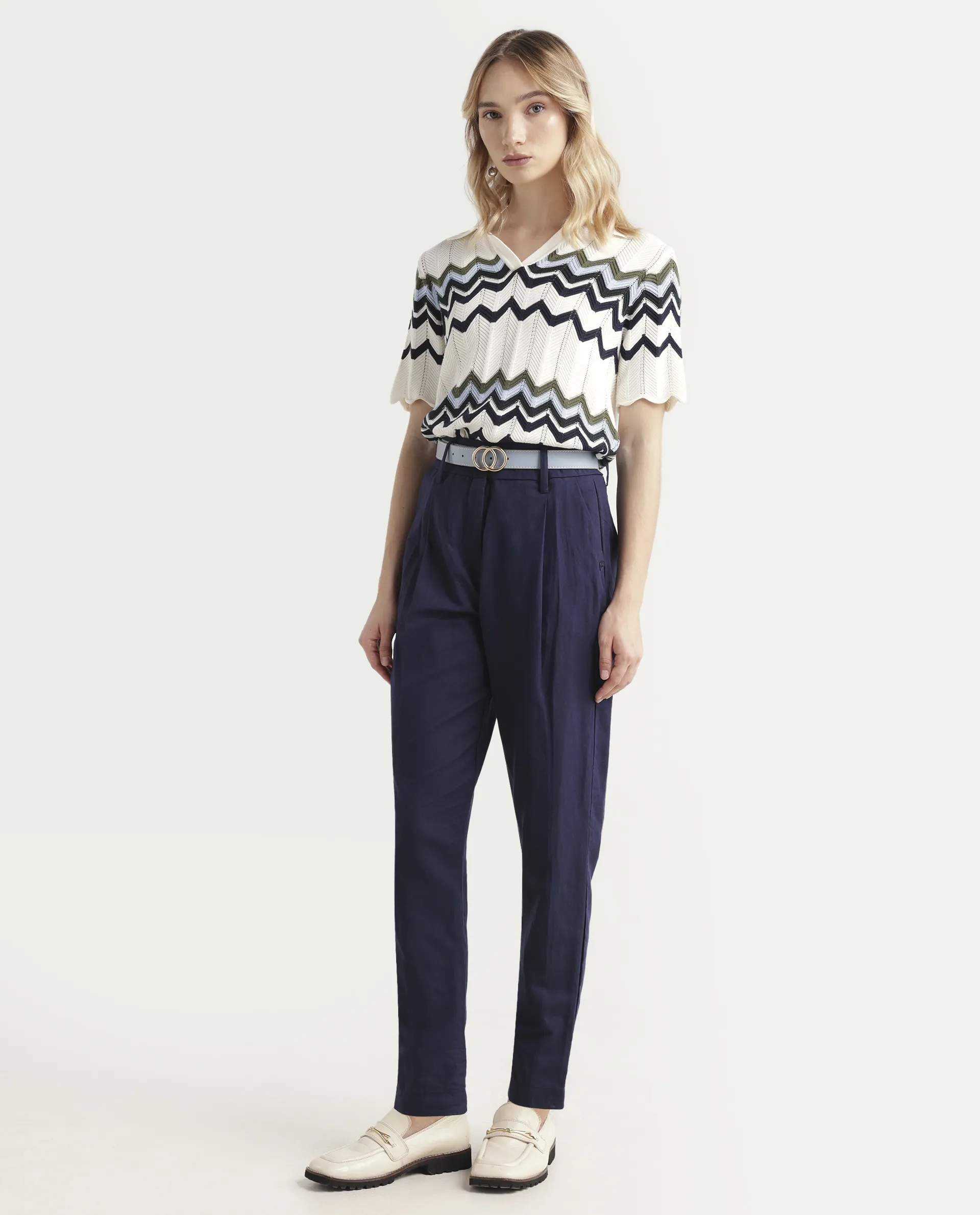 Rareism Women's Plio Dark Navy Cotton Blend Plain Ankle Length Tapered Trouser - Image 5
