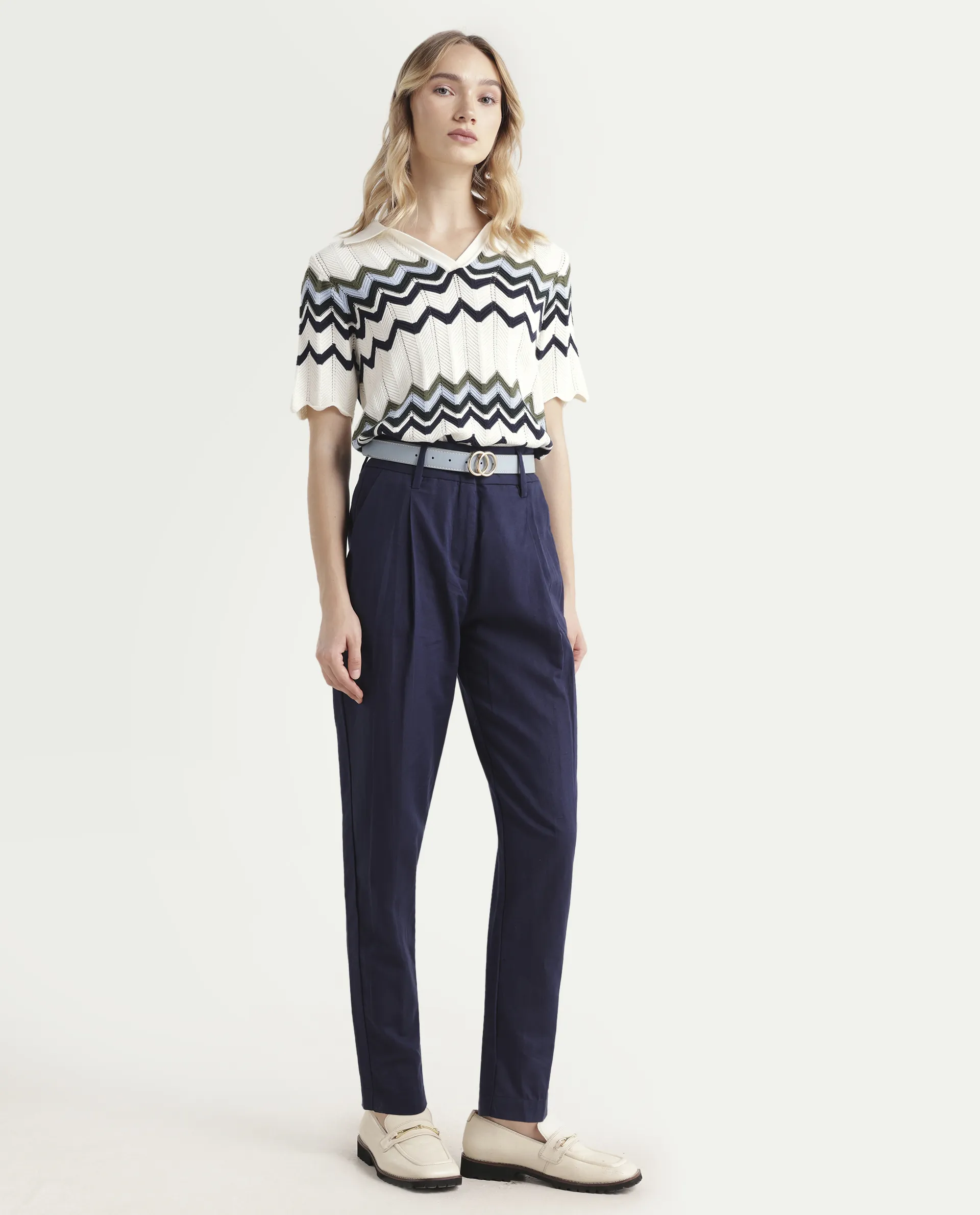 Rareism Women's Plio Dark Navy Cotton Blend Plain Ankle Length Tapered Trouser - Image 6