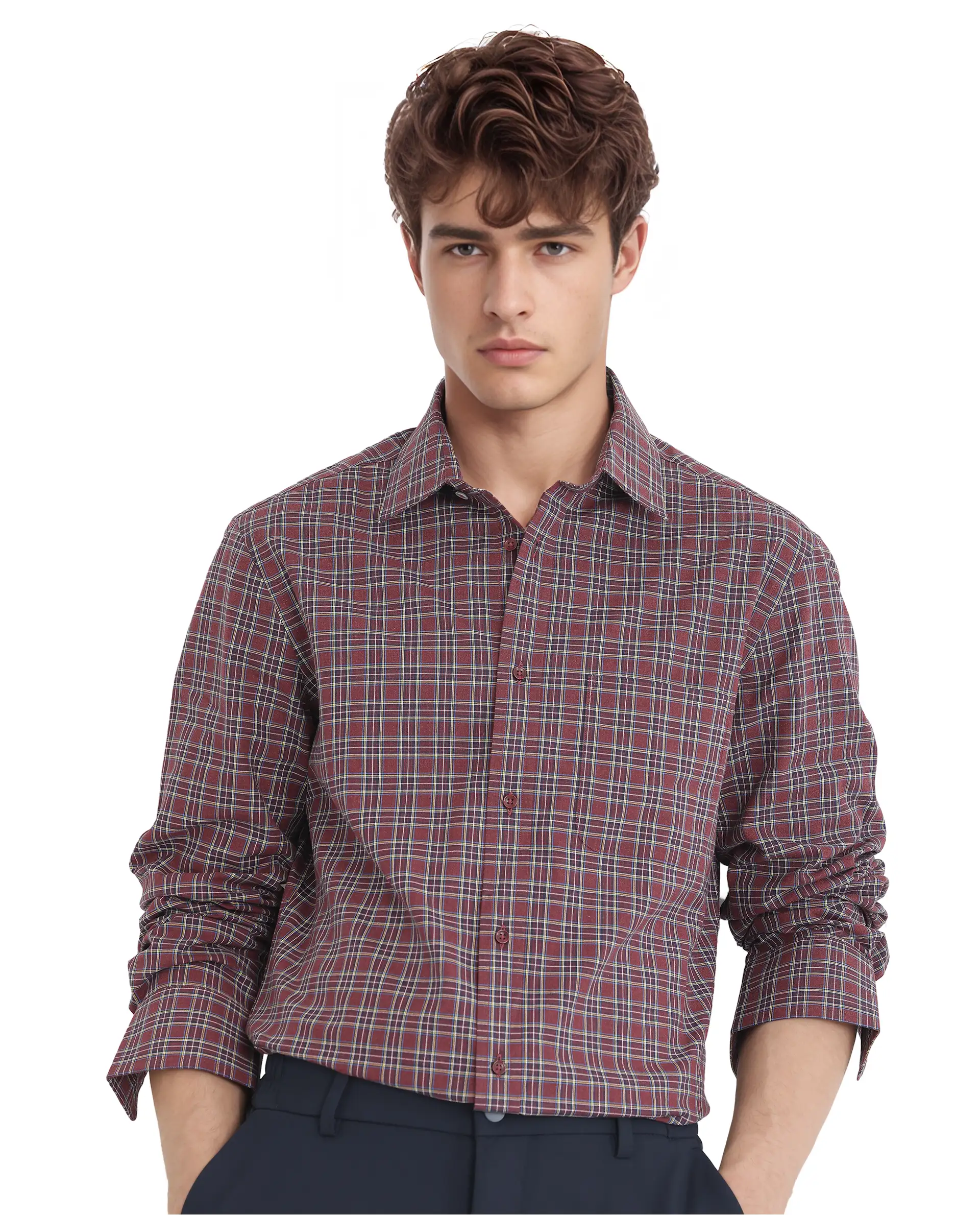 Rare Rabbit Men's Plix Maroon Cotton Checked Print Regular Fit Full Sleeve Collared Shirt