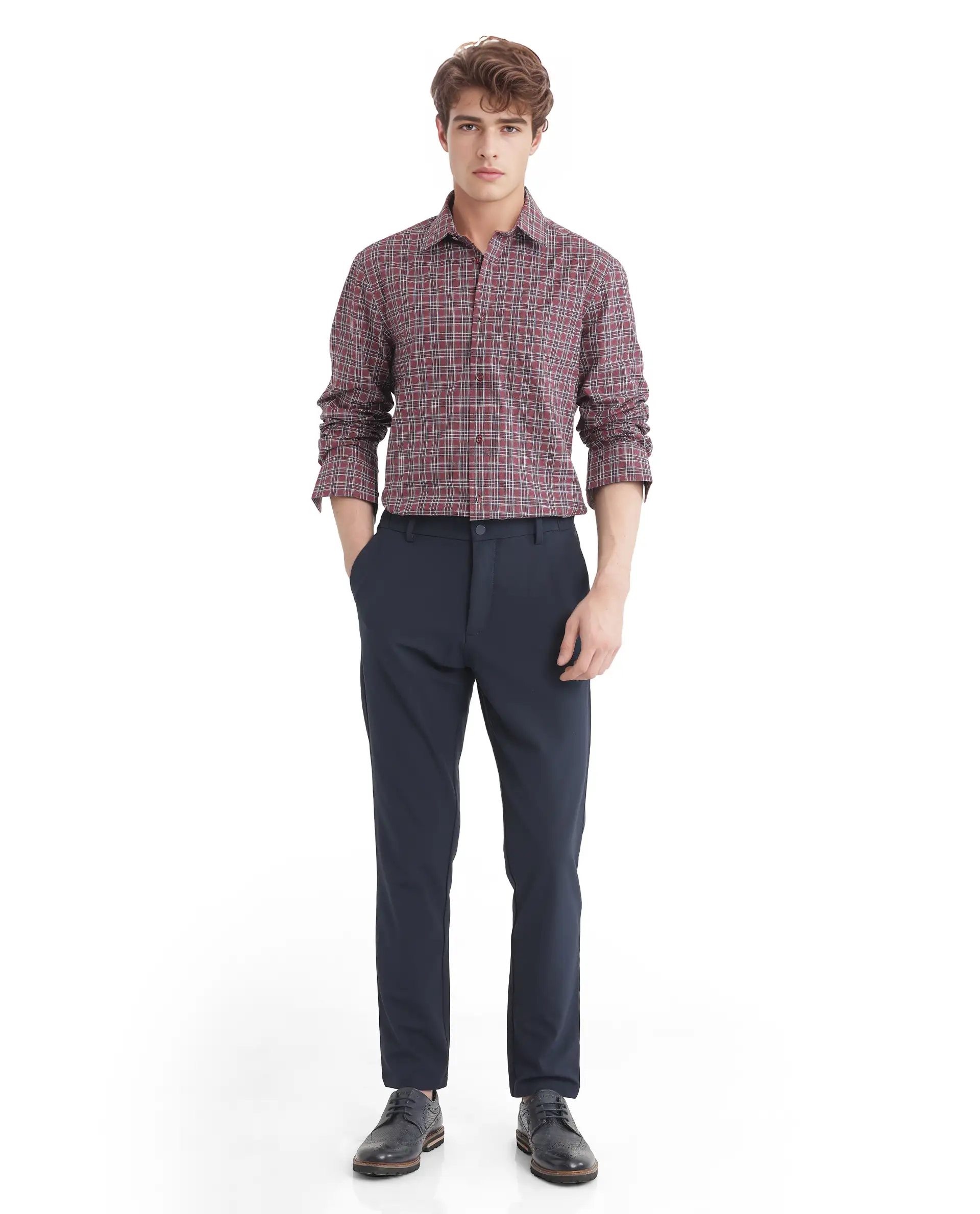 Rare Rabbit Men's Plix Maroon Cotton Checked Print Regular Fit Full Sleeve Collared Shirt - Image 2