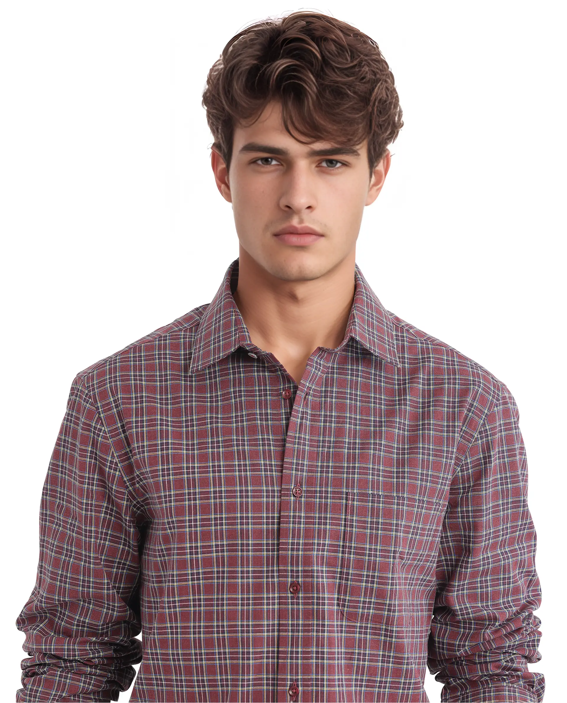 Rare Rabbit Men's Plix Maroon Cotton Checked Print Regular Fit Full Sleeve Collared Shirt - Image 3