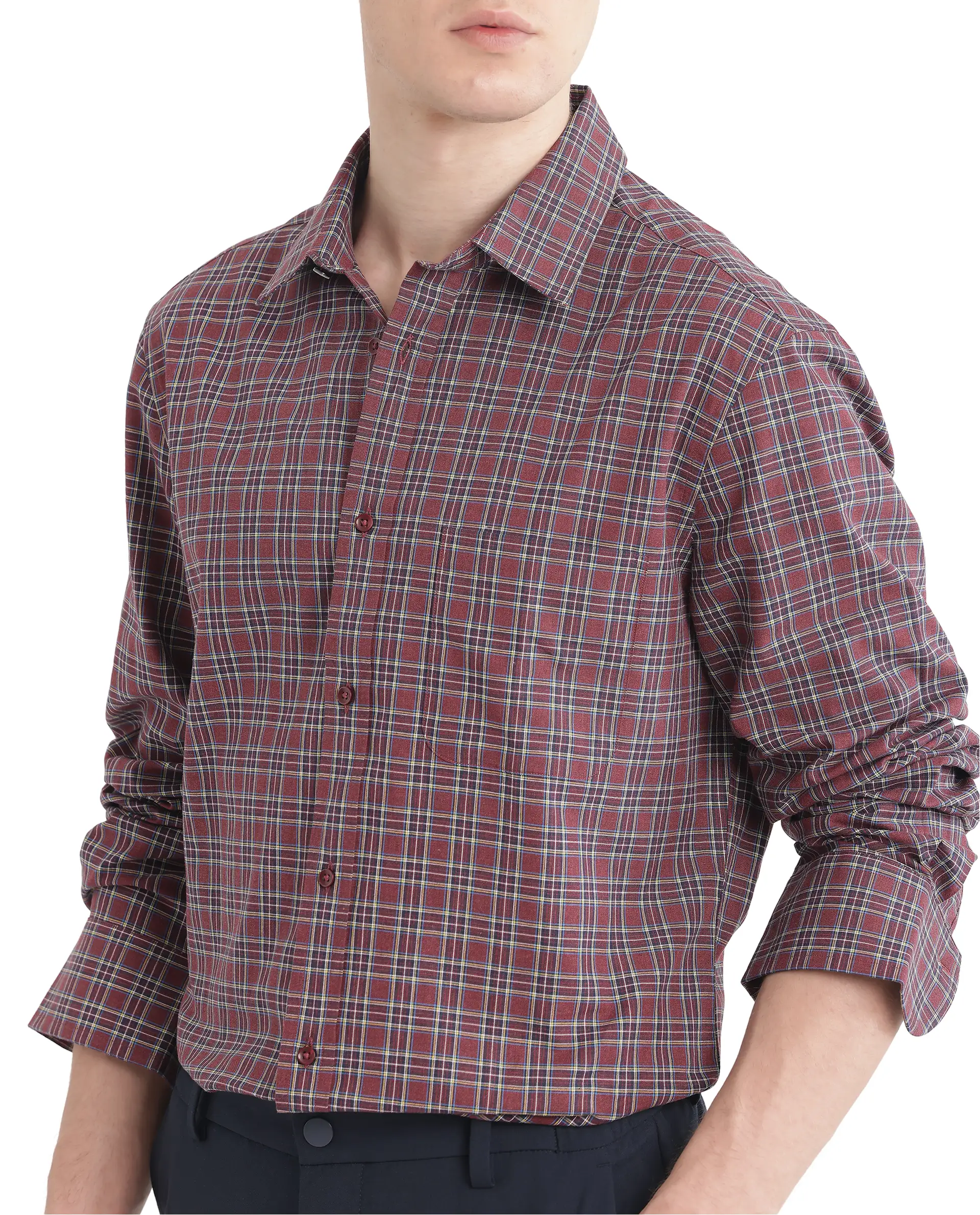 Rare Rabbit Men's Plix Maroon Cotton Checked Print Regular Fit Full Sleeve Collared Shirt - Image 4