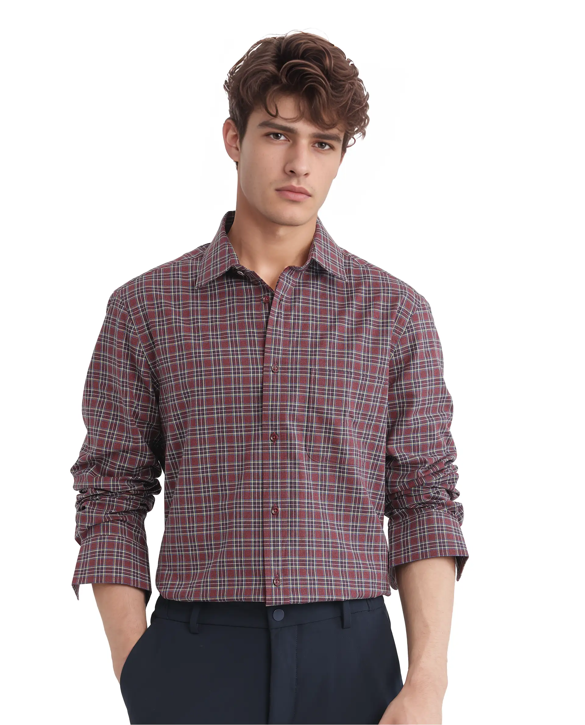 Rare Rabbit Men's Plix Maroon Cotton Checked Print Regular Fit Full Sleeve Collared Shirt - Image 6