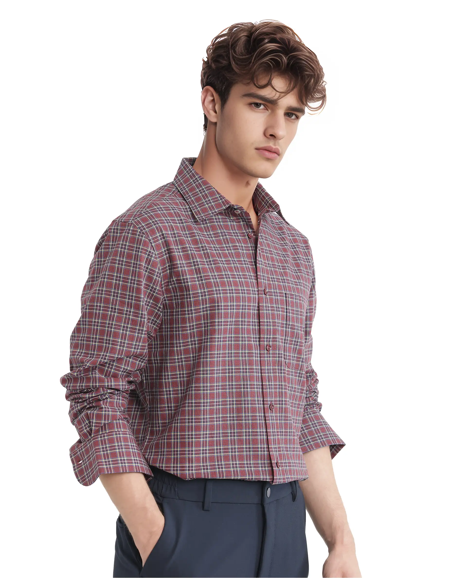 Rare Rabbit Men's Plix Maroon Cotton Checked Print Regular Fit Full Sleeve Collared Shirt - Image 7