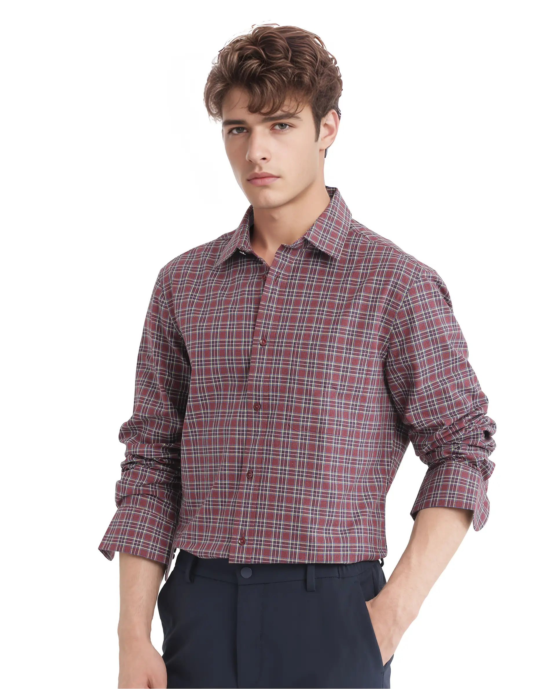 Rare Rabbit Men's Plix Maroon Cotton Checked Print Regular Fit Full Sleeve Collared Shirt - Image 8