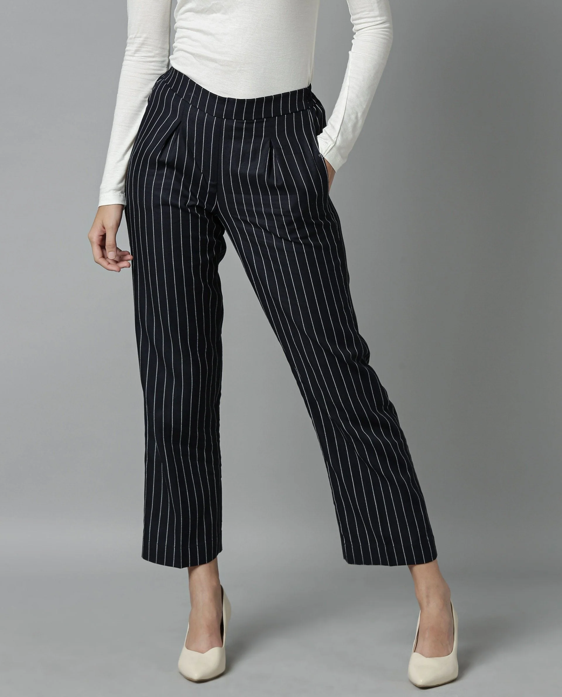 Rareism Women Plod Navy Trousers Stripe