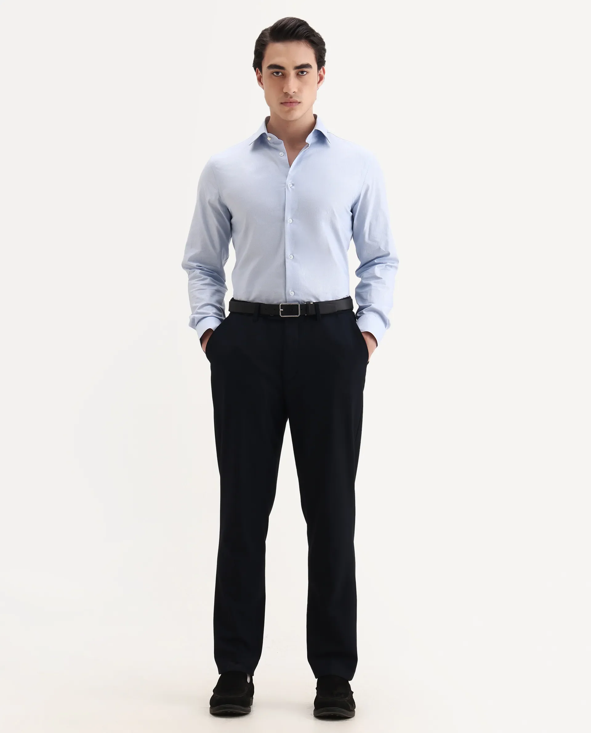 Rare Rabbit Men's Plom Blue Cotton Fabric Collared Neck Regular Fit Plain Shirt - Image 2
