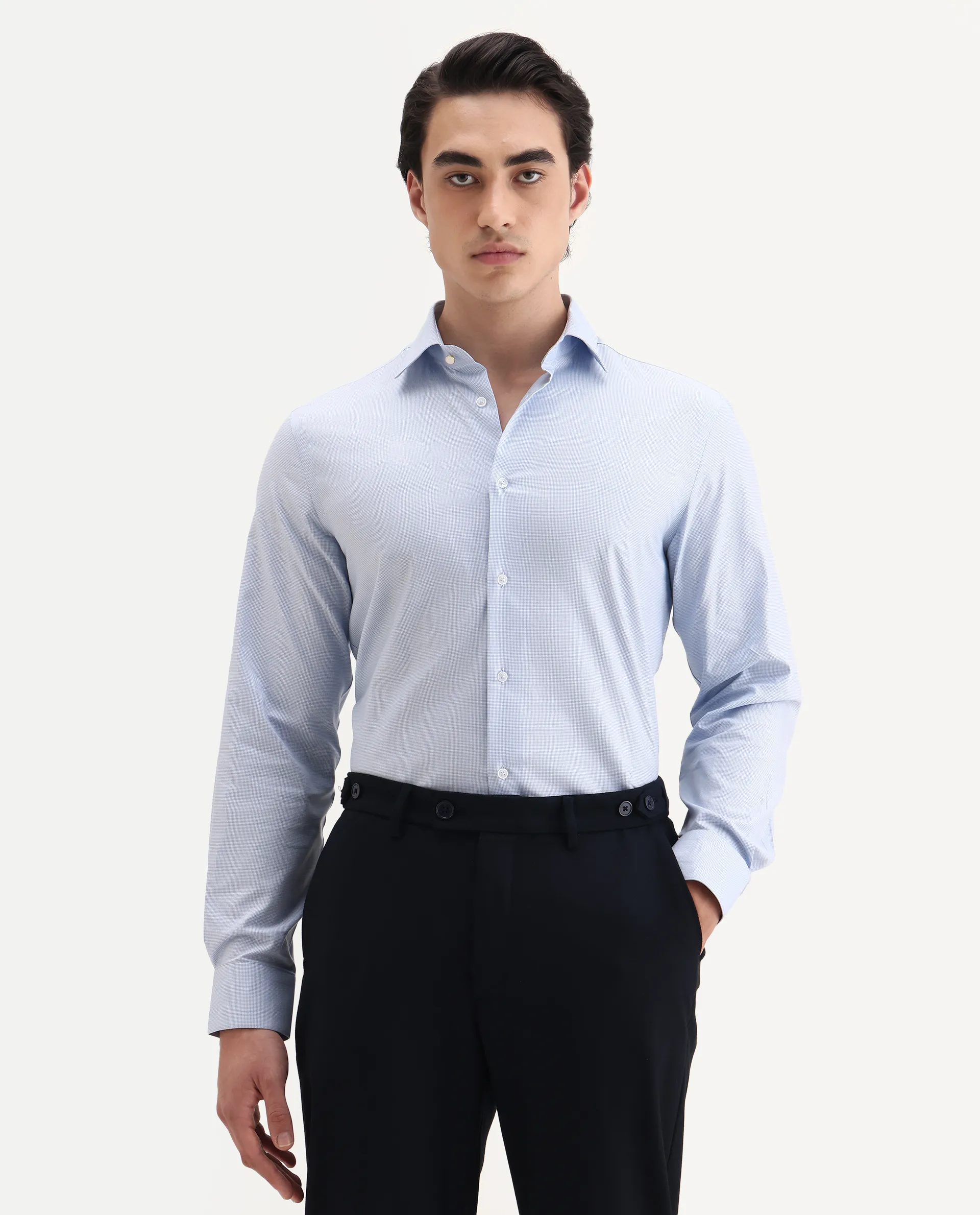 Rare Rabbit Men's Plom Blue Cotton Fabric Collared Neck Regular Fit Plain Shirt - Image 4