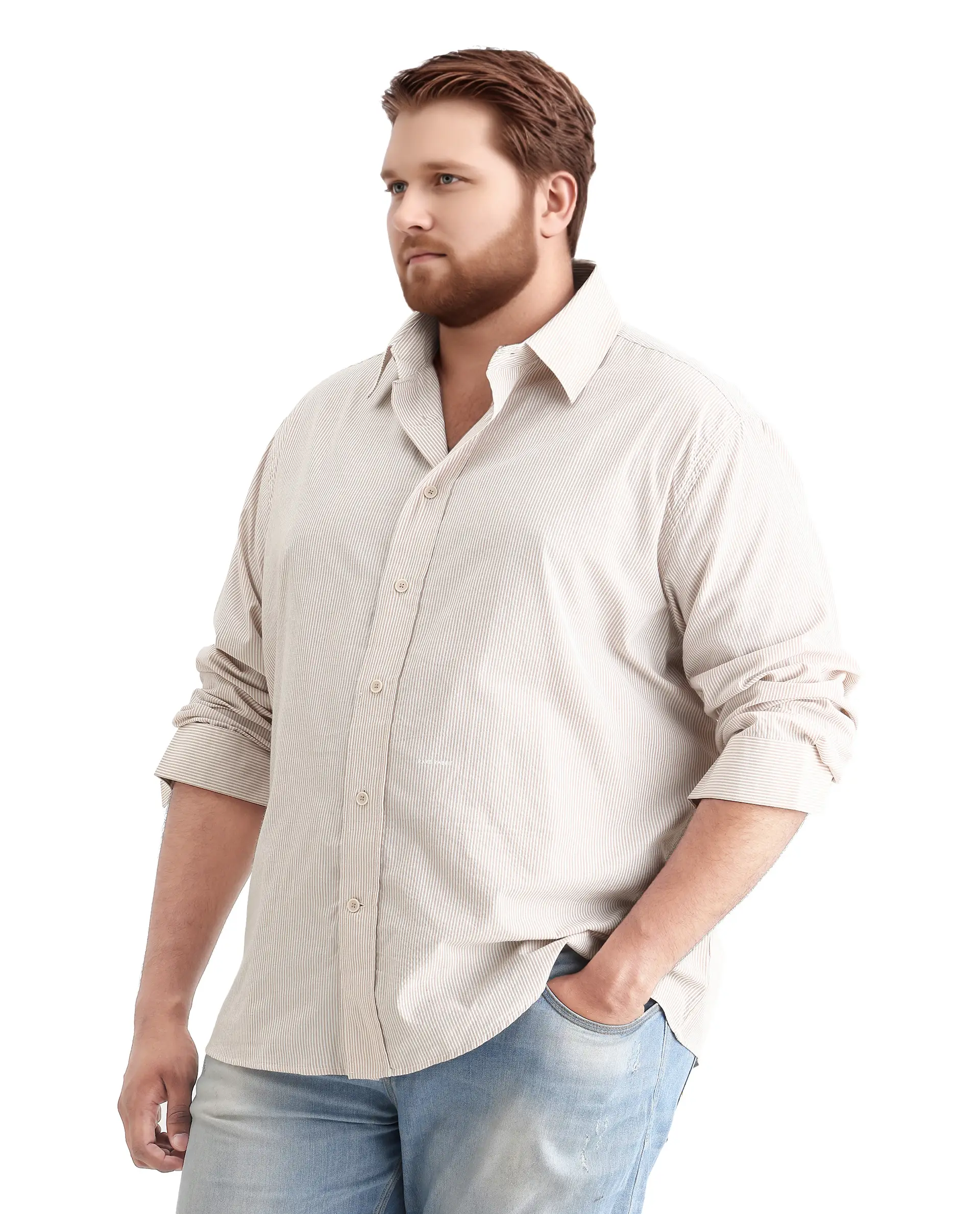 Rare Rabbit Men's Pluf Big Beige Cotton Blend Fabric Full Sleeve Spread Collar Button Closure Regular Fit Striped Shirt - Image 4