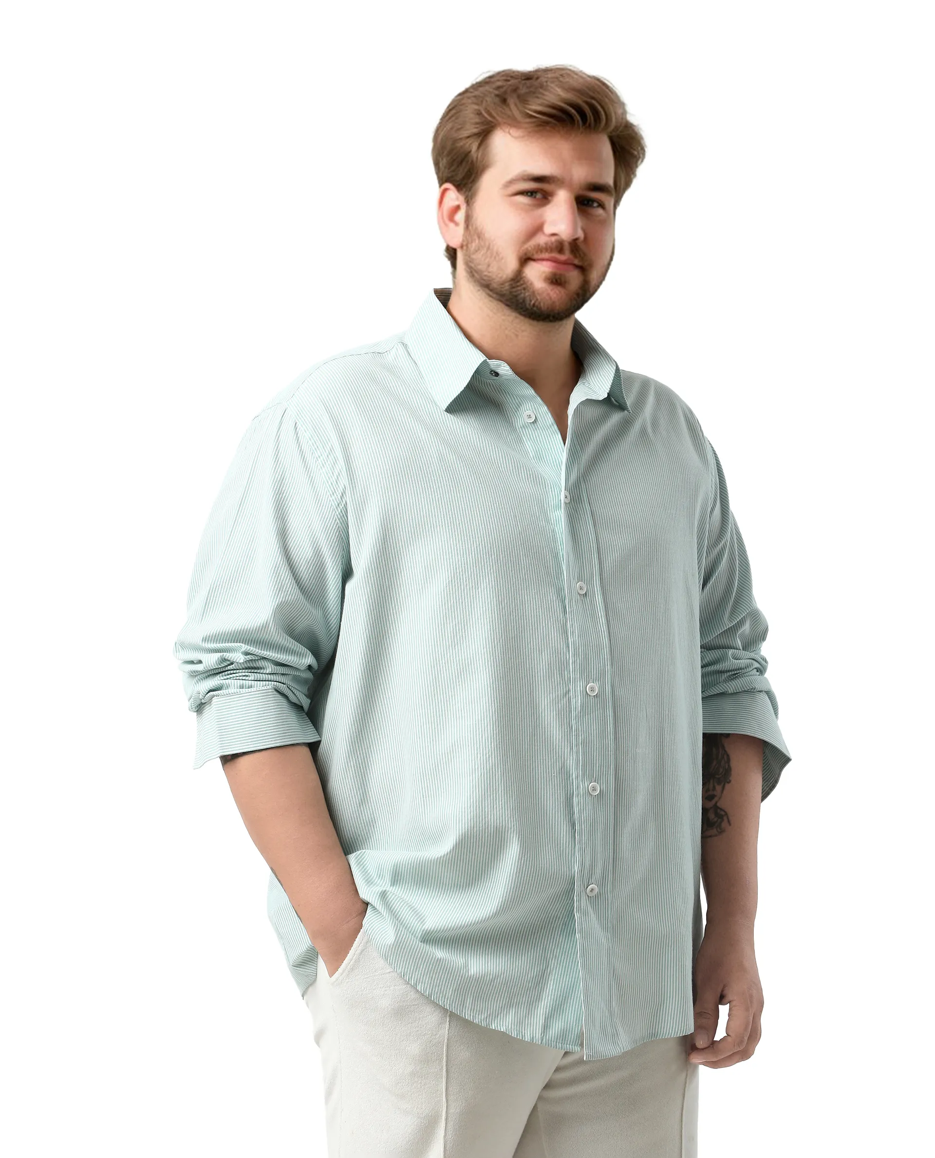 Rare Rabbit Men's Pluf Big Dusky Green Cotton Blend Fabric Full Sleeve Spread Collar Button Closure Regular Fit Striped Shirt - Image 4