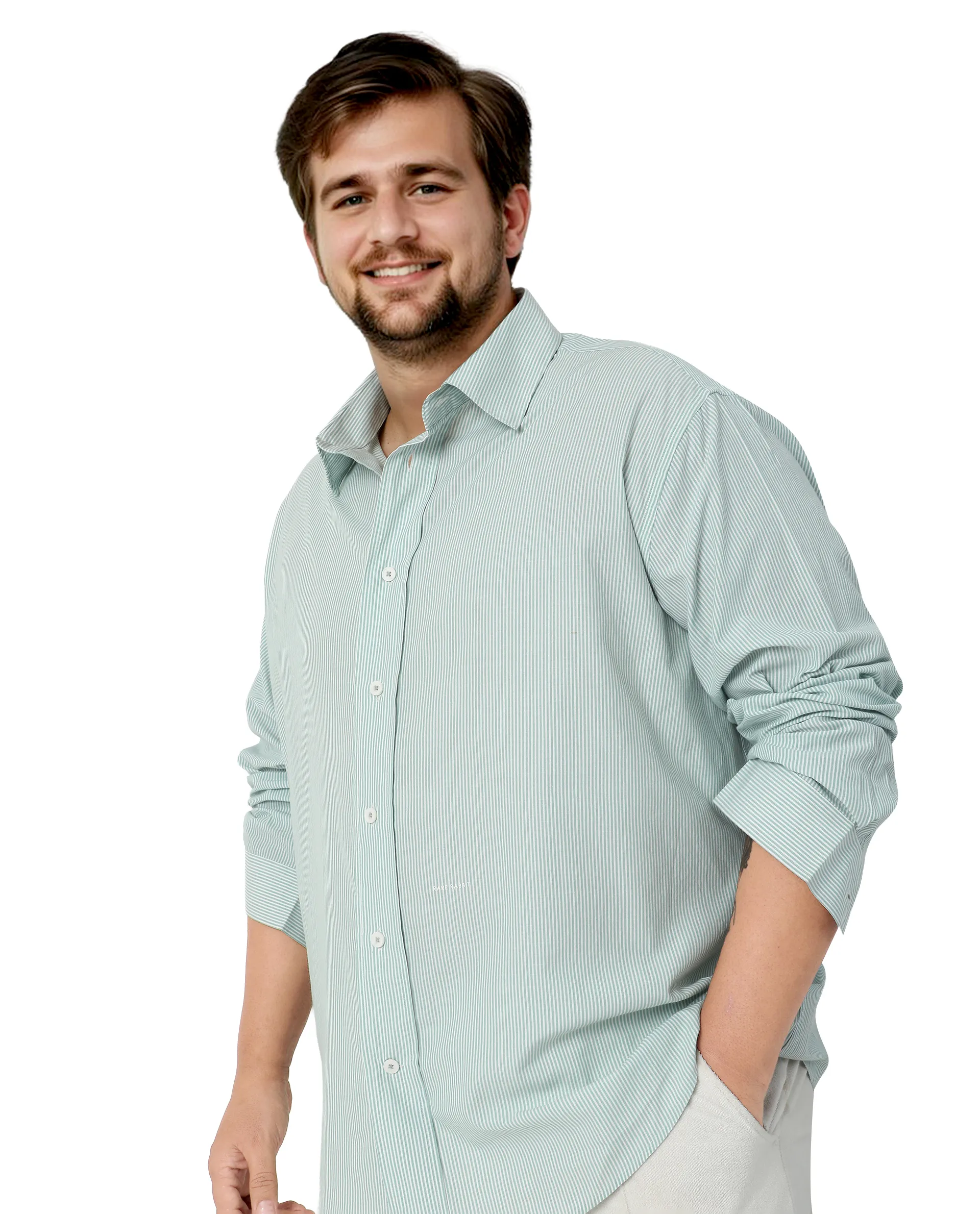 Rare Rabbit Men's Pluf Big Dusky Green Cotton Blend Fabric Full Sleeve Spread Collar Button Closure Regular Fit Striped Shirt - Image 5