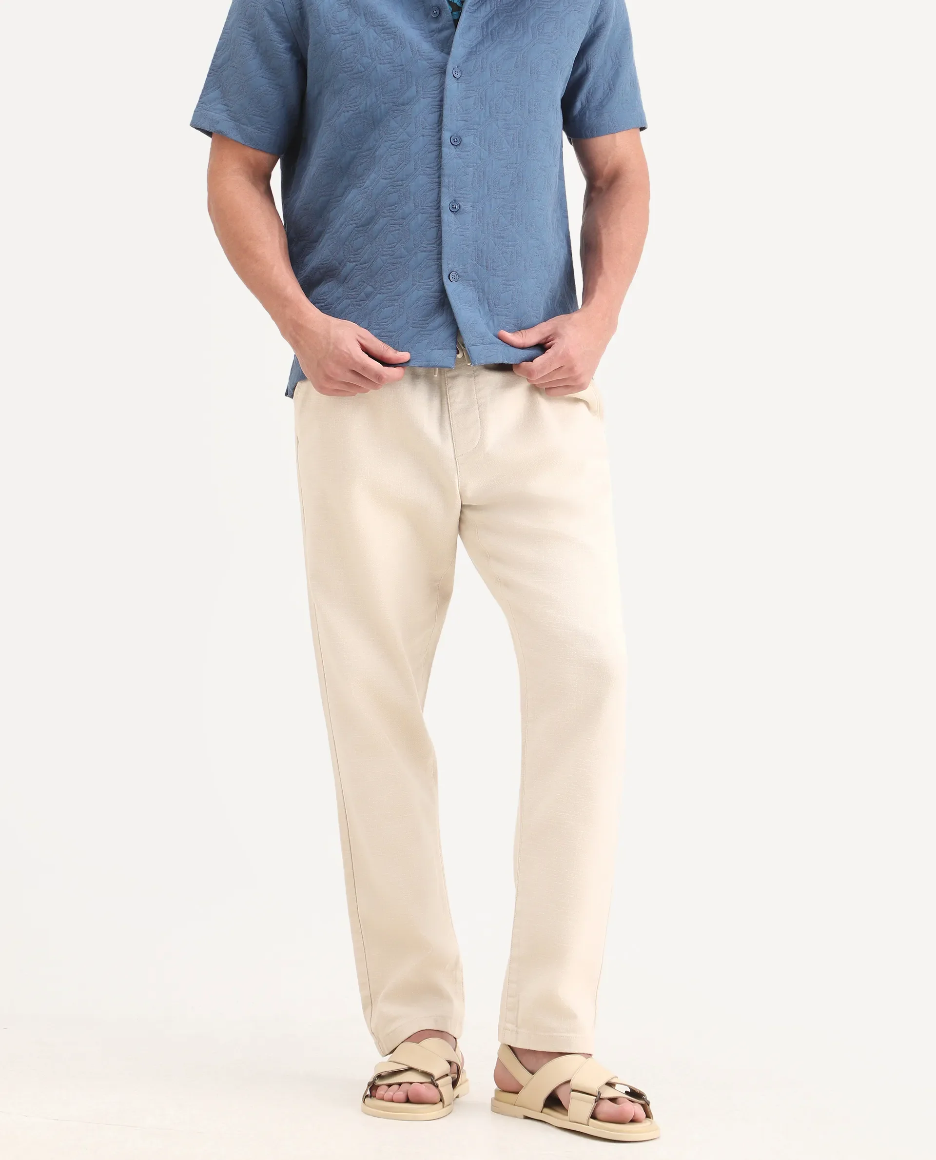 Rare Rabbit Men's Pluk Beige Cotton Blend Fabric Regular Fit Plain Trouser - Image 2